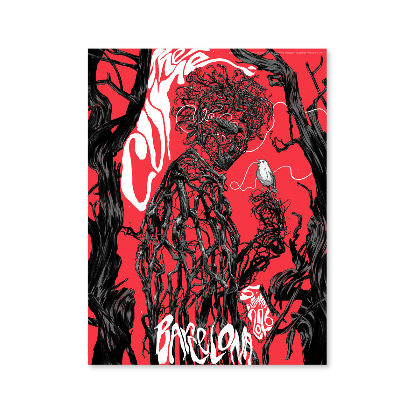 Artistic depiction of a figure with branches and a bird on a red background, featuring art designs for The Cure's Barcelona Primavera Sound show at Parc Del Forum on June 5, 2026.
