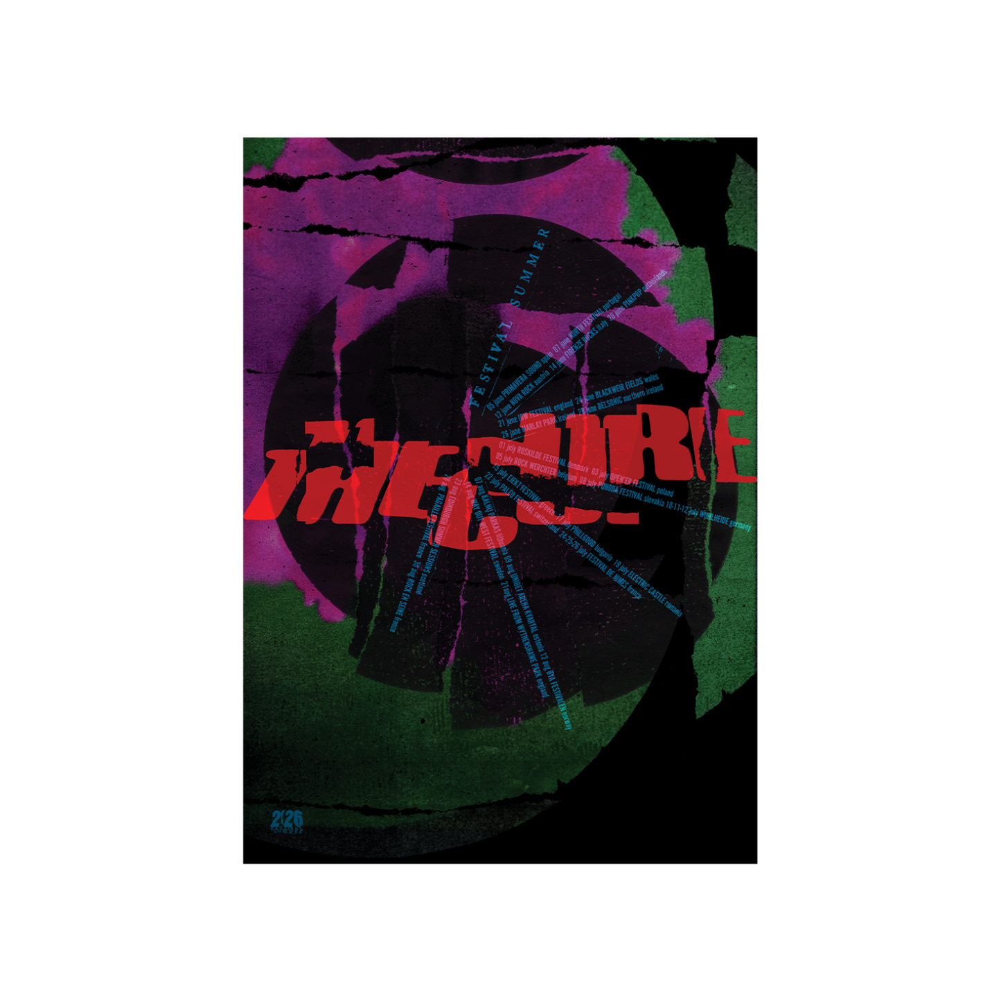 Festival Summer 2026 Tour Poster featuring a cracked "The Cure" logo in red over a green and magenta background design featuring Festival Summer 2026 tour dates printed in a half circle.
