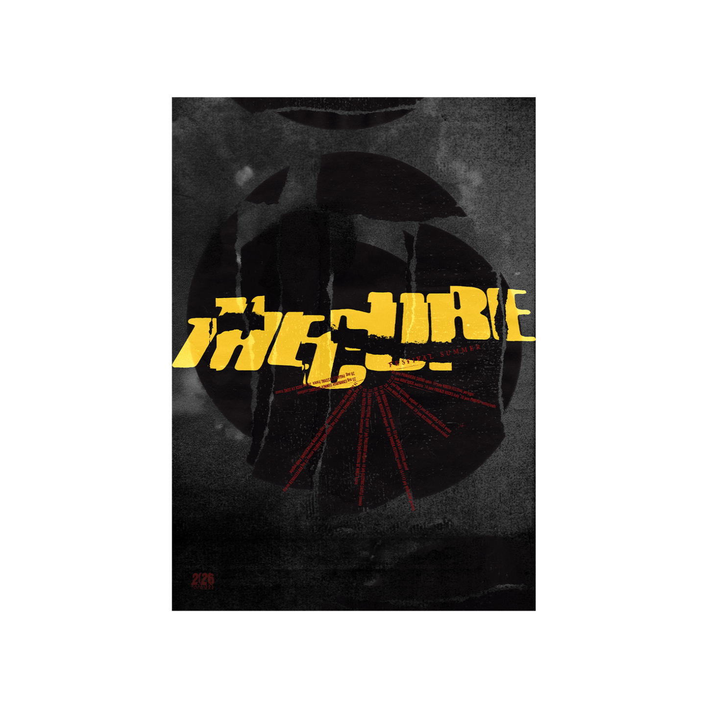 Festival Summer 2026 Tour Poster featuring a cracked "The Cure" logo in yellow over an grey and black background design featuring Festival Summer 2026 tour dates printed in a half circle.