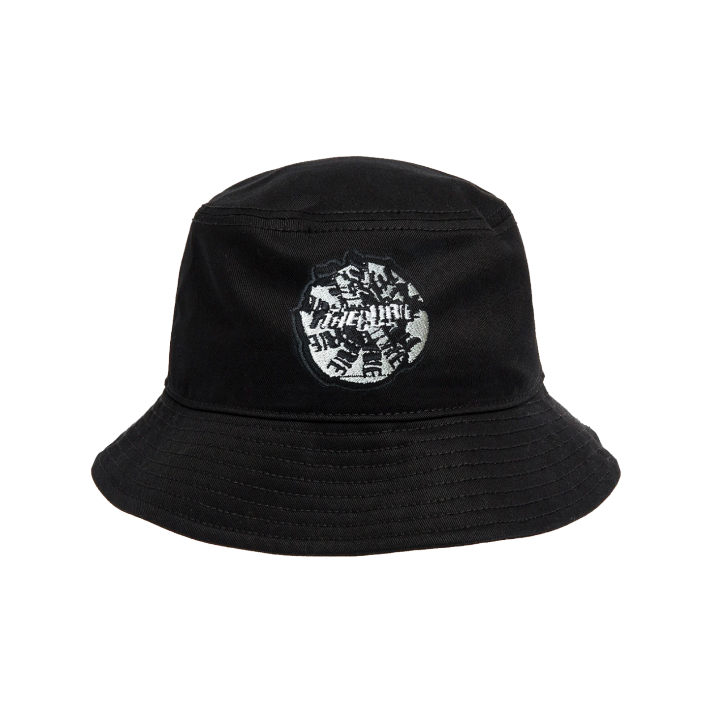 Black bucket hat with a black and white The Cure logo circular patch on the front.