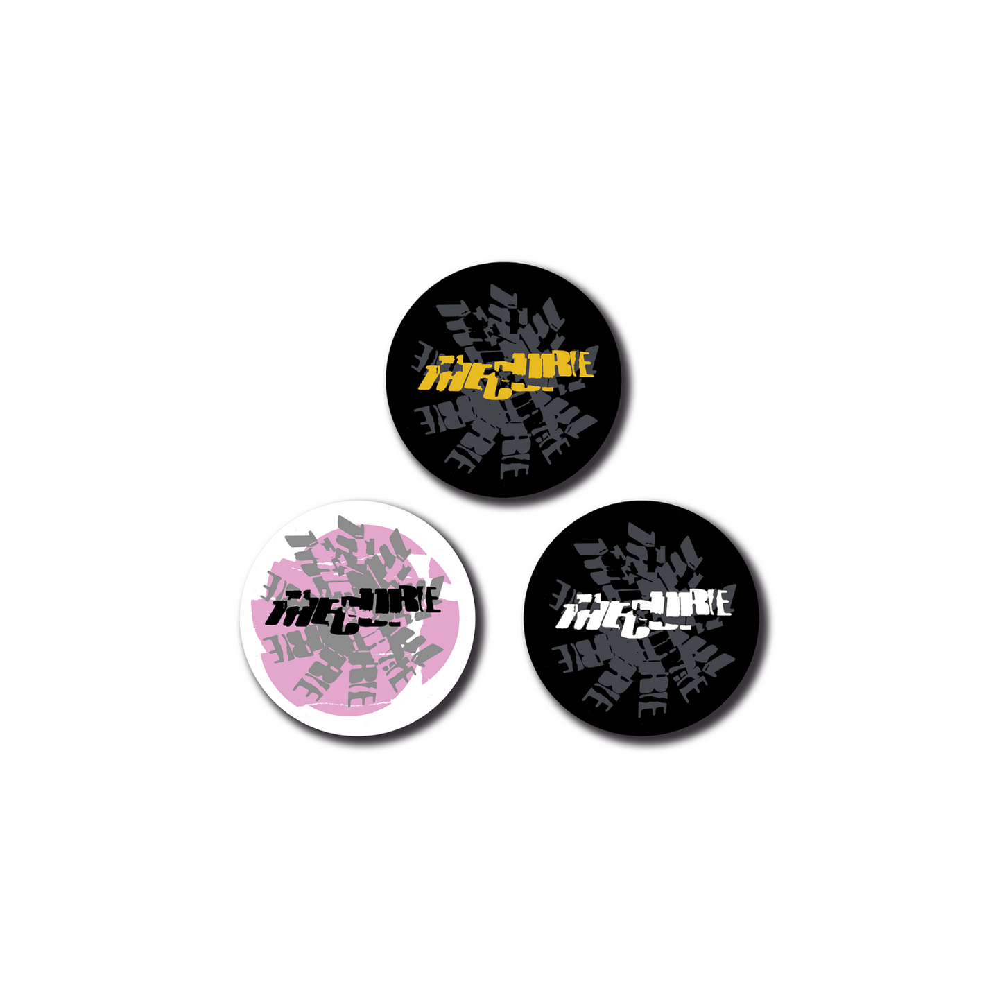 3 piece button set featuring the cracked, stamped logo design in pink and white, black and yellow, and black and white.
