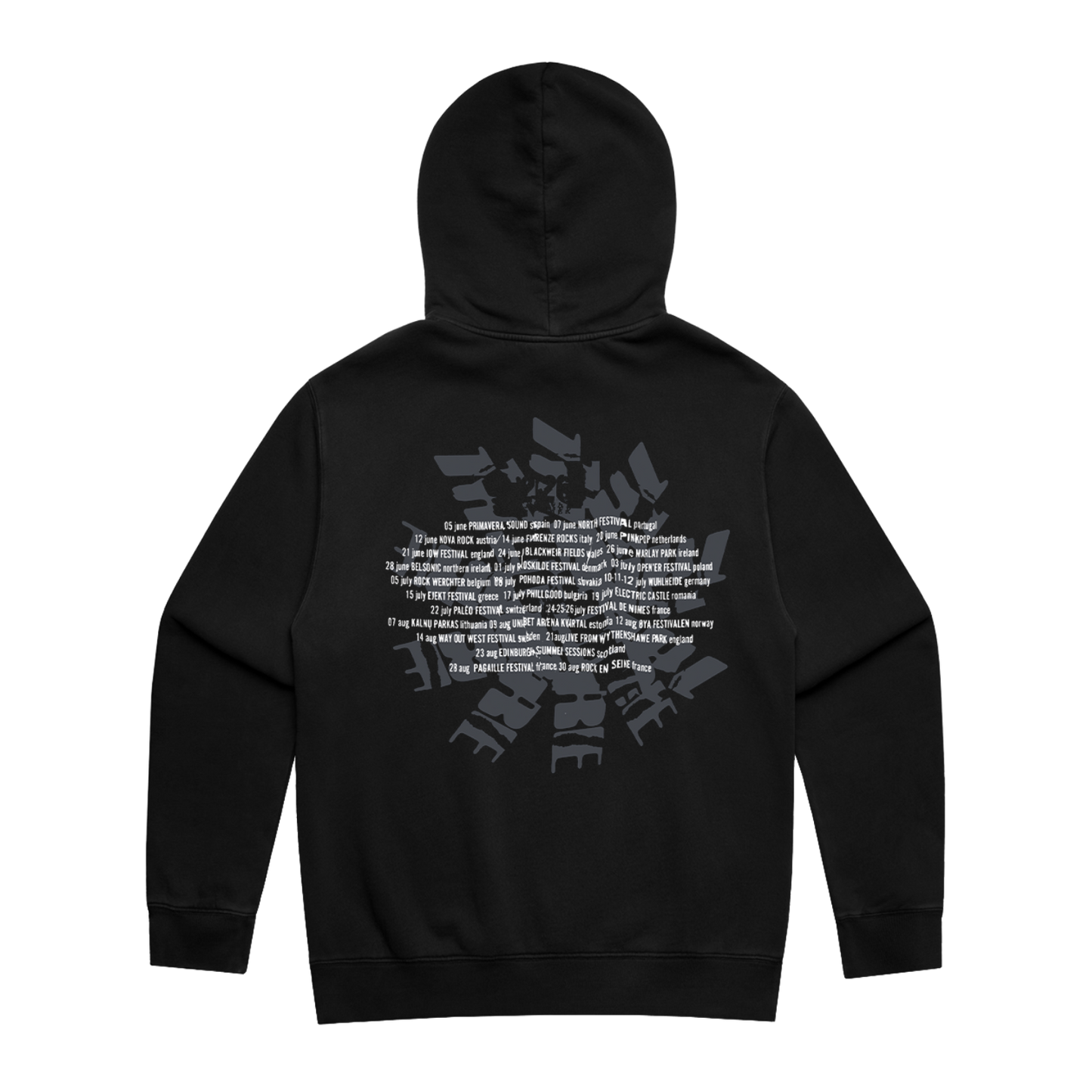 Black unisex pullover hoodie with The Cure's Summer 2026 tour dates on the back in white and grey print