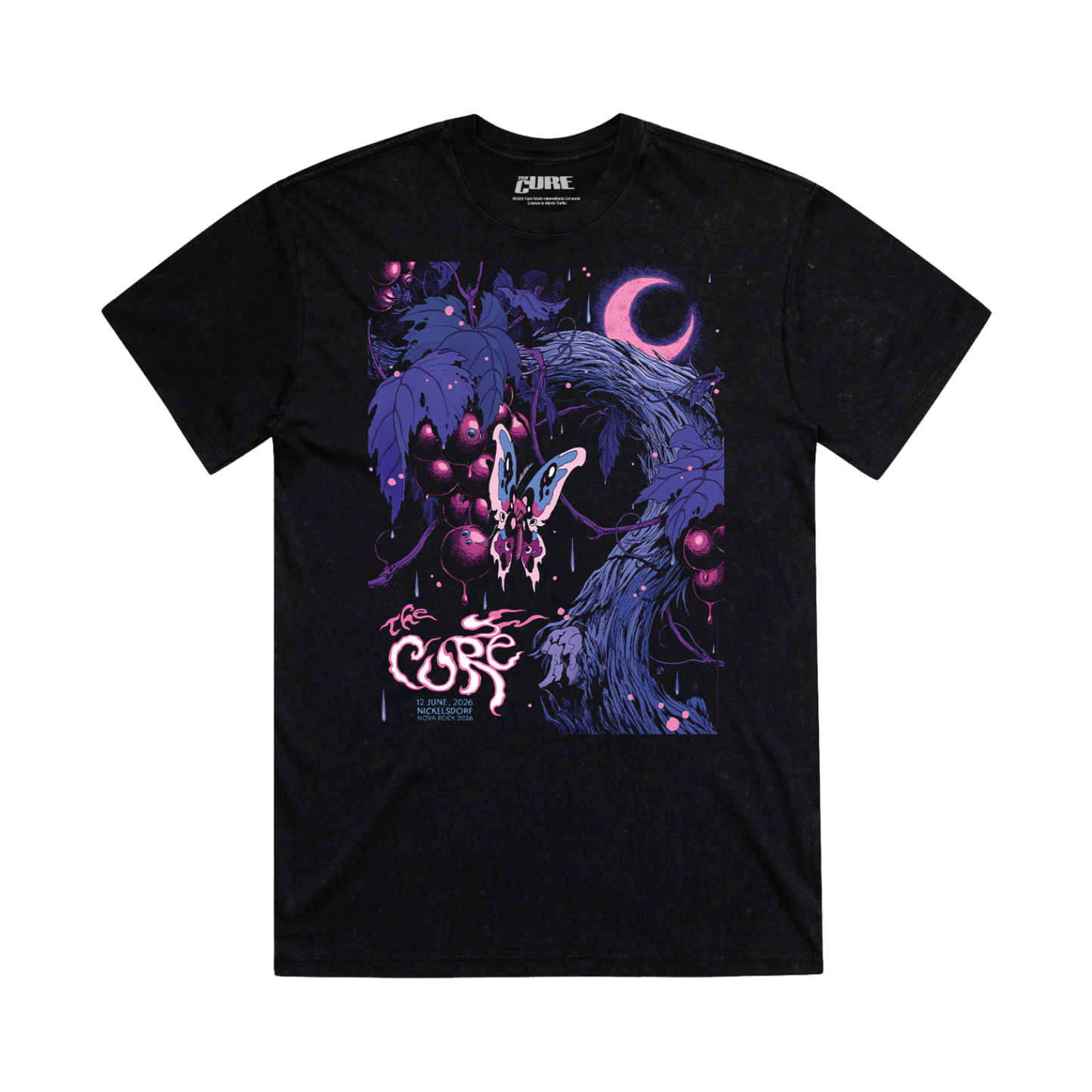 Black unisex t-shirt with a stylized butterfly and cosmic elements design with event details for the The Cure’s performance at Nova Rock 2026.