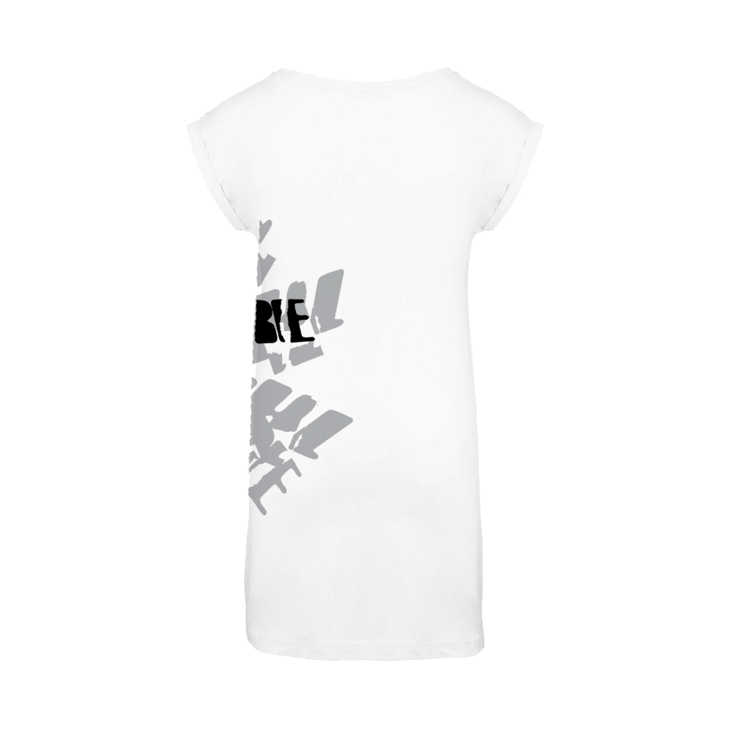 Women's t-shirt dress in white featuring a cracked "The Cure" logo in black over a grey stamped logo design, wrapping around the left side.