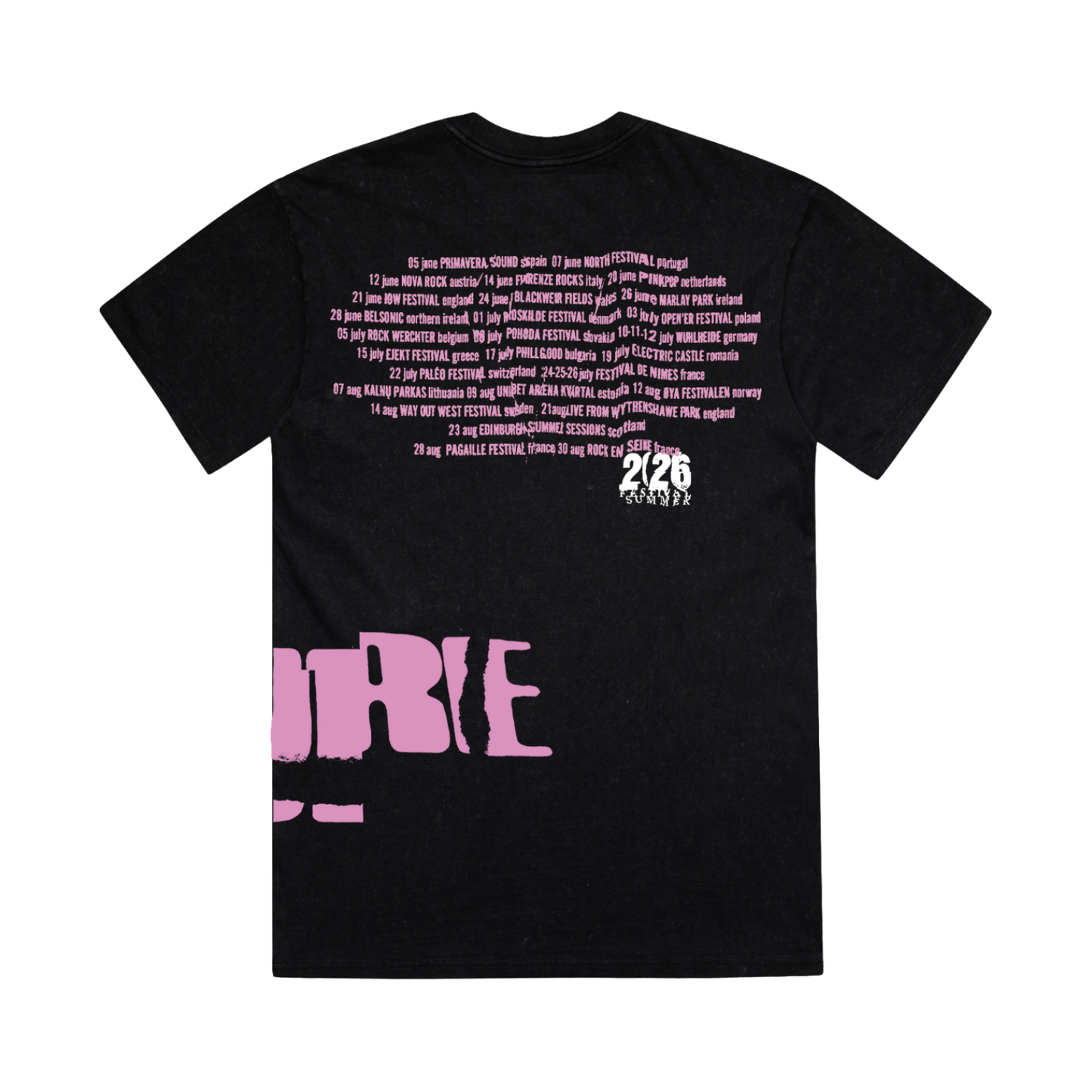 Classic fitting unisex t-shirt in black featuring a cracked "The Cure" logo design in pink that wraps from front to back on the left side, and Summer 2026 tour dates on the back
