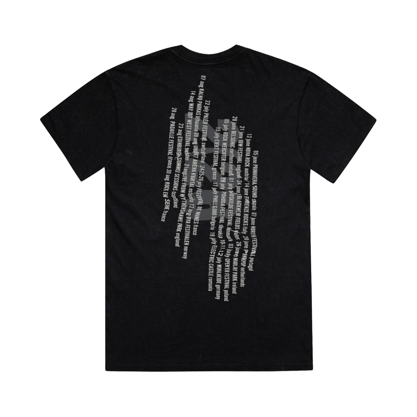Black unisex t-shirt with Summer 2026 tour dates on the back in white and grey print