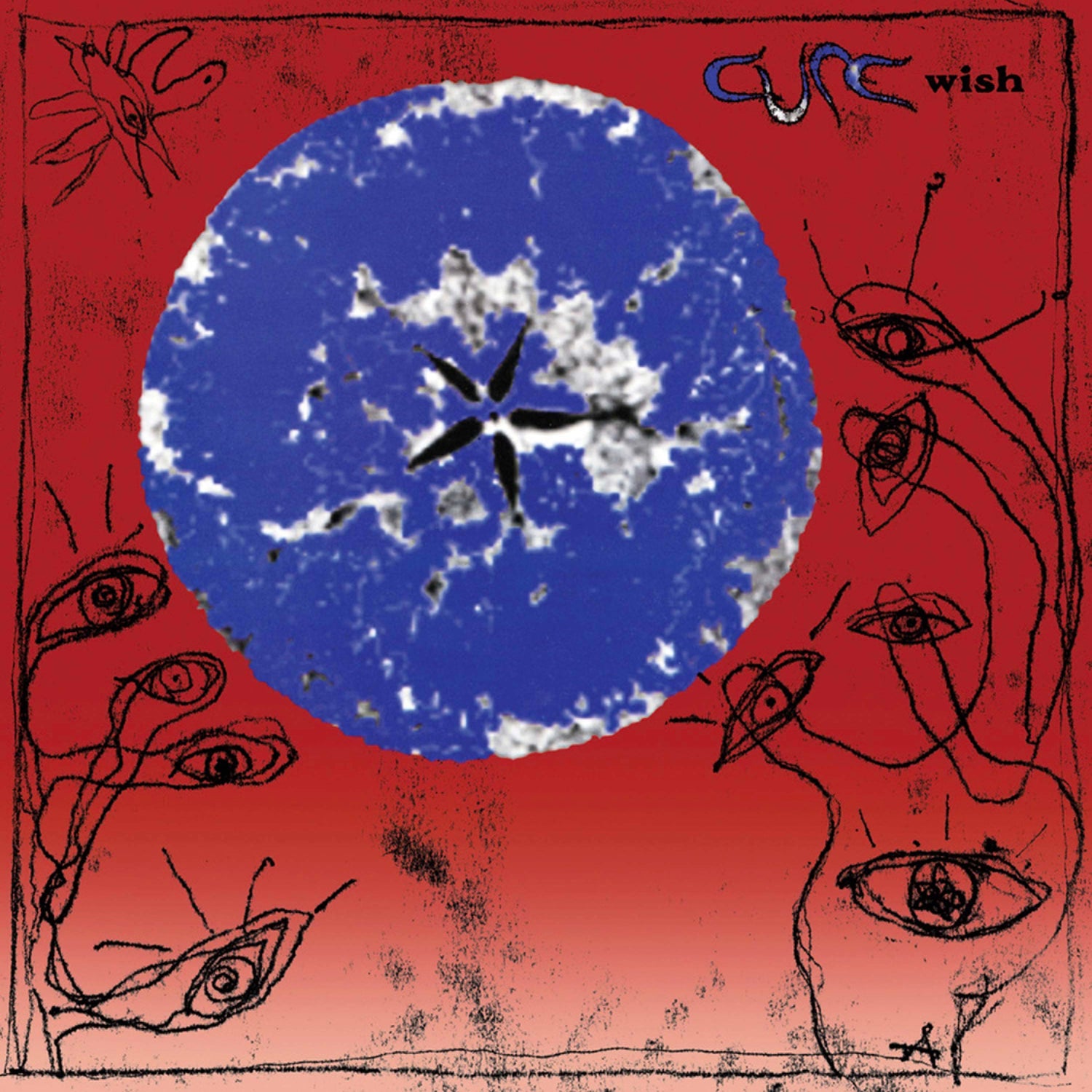 Album cover art for The Cure's 'Wish' featuring a graphical design with eyes and abstract shapes in blue, red, and gray tones.