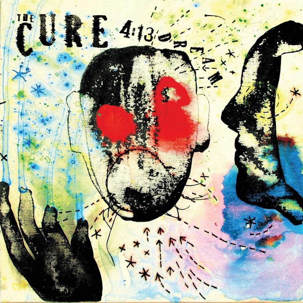 Album cover for '4:13 Dream' by The Cure with abstract design and face illustration.
