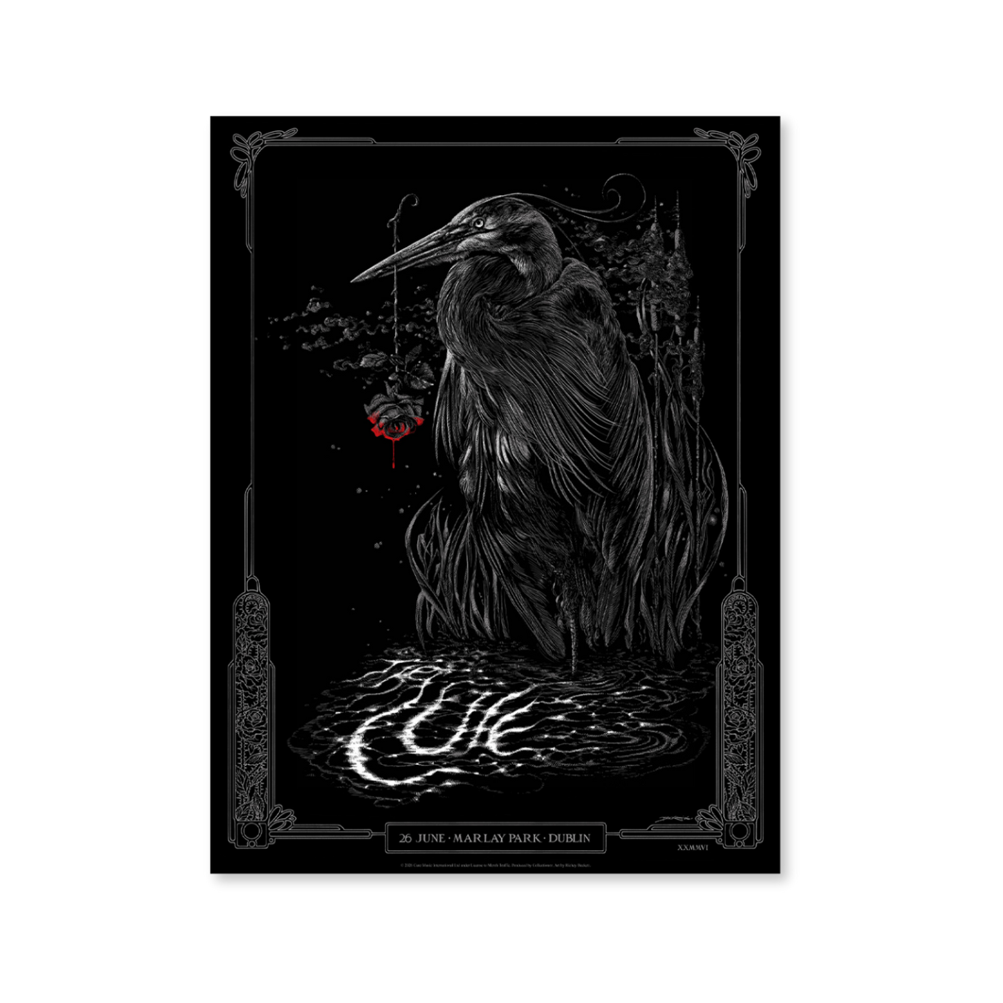 The Cure event poster with a black and white illustration of a heron with decorative elements on a black background with event details for the band’s performance at Marlay Park in Dublin, Ireland on June 26, 2026.