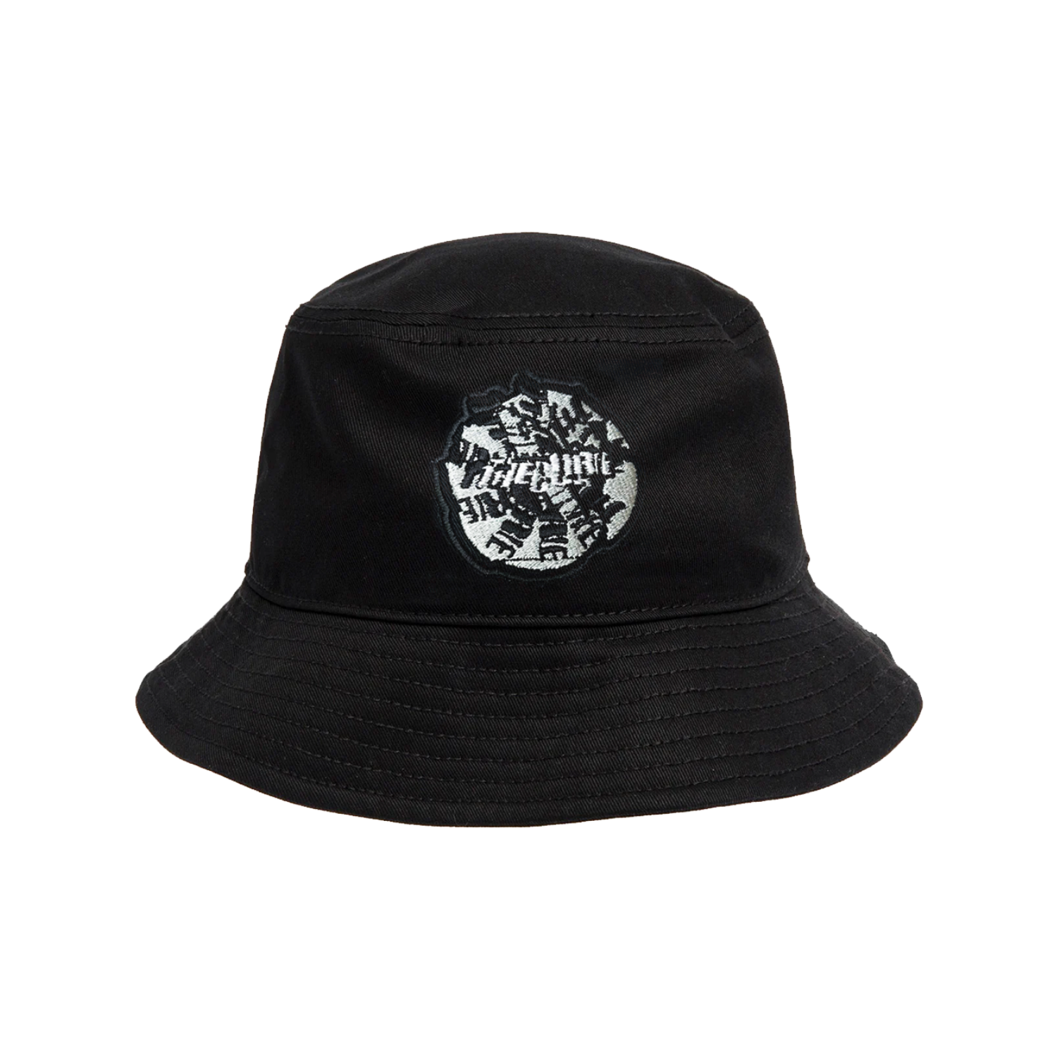 Black bucket hat with a black and white The Cure logo circular patch on the front.
