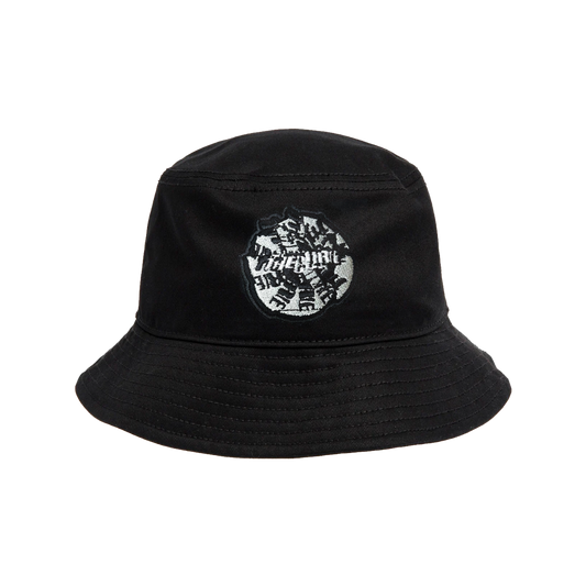 Black bucket hat with a black and white The Cure logo circular patch on the front.