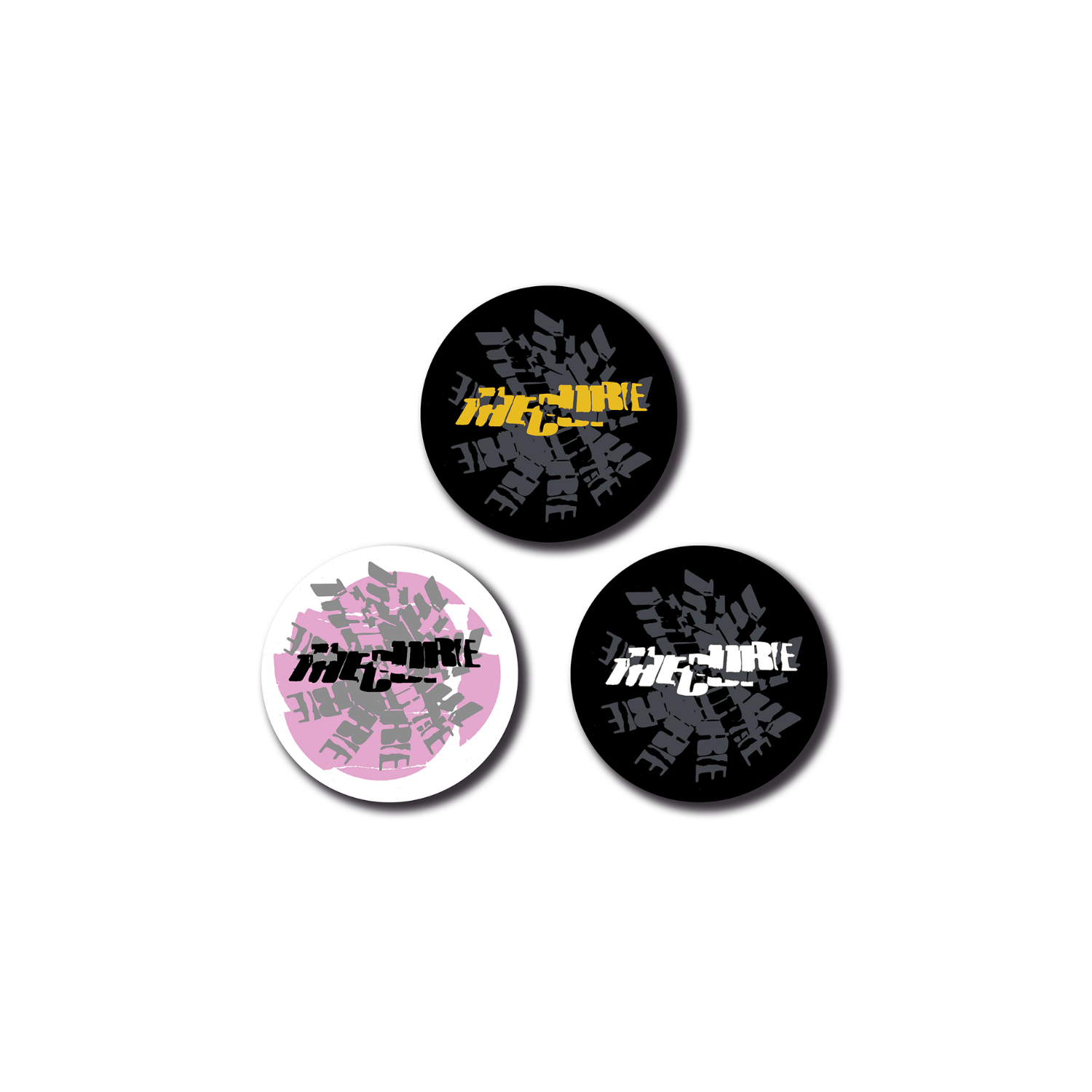 3 piece button set featuring the cracked, stamped logo design in pink and white, black and yellow, and black and white.