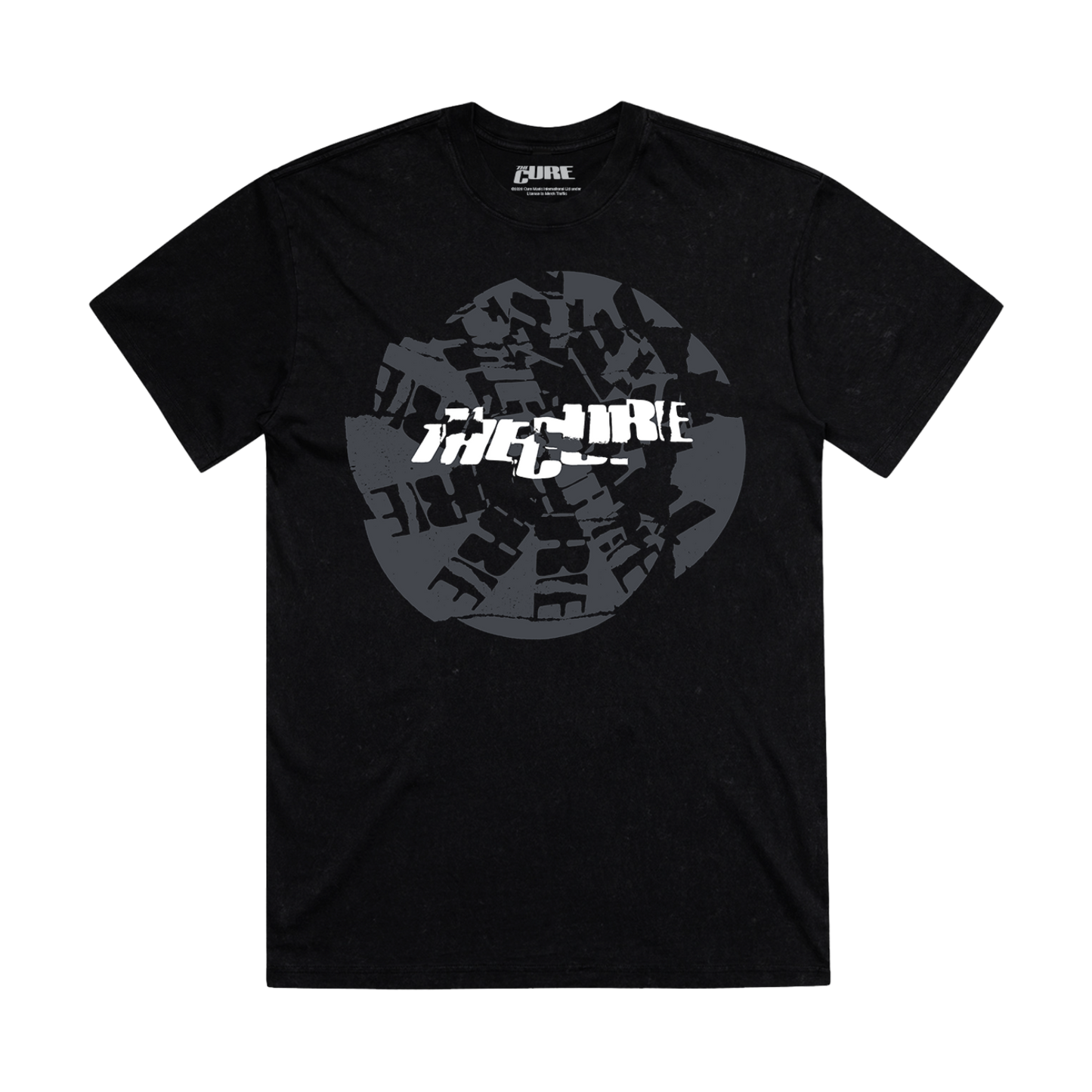 Black unisex t-shirt with a cracked The Cure logo design in white and grey on the front