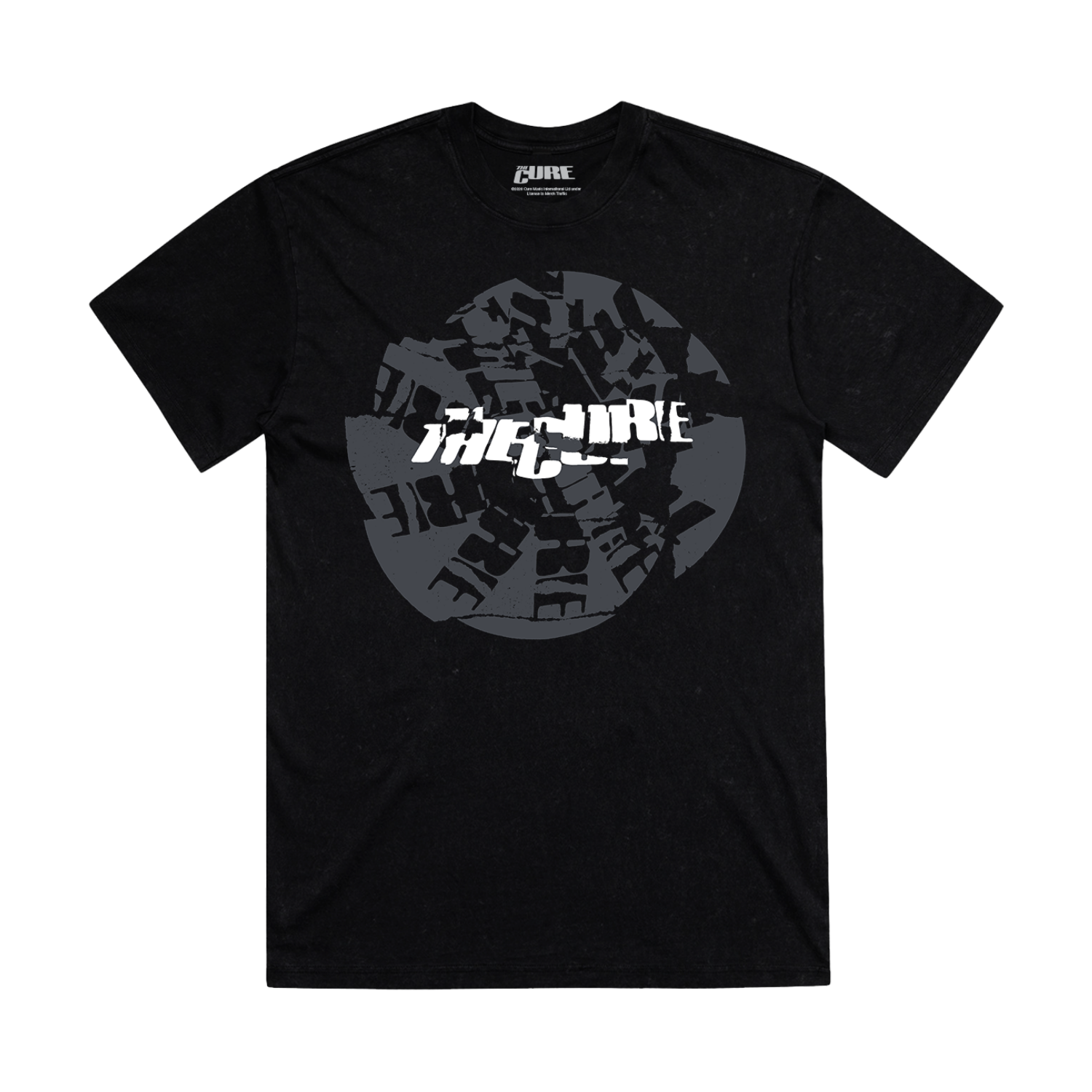 Black unisex t-shirt with a cracked The Cure logo design in white and grey on the front