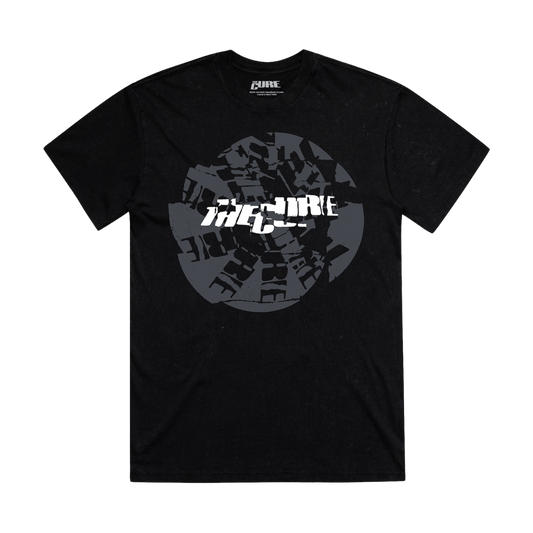 Black unisex t-shirt with a cracked The Cure logo design in white and grey on the front