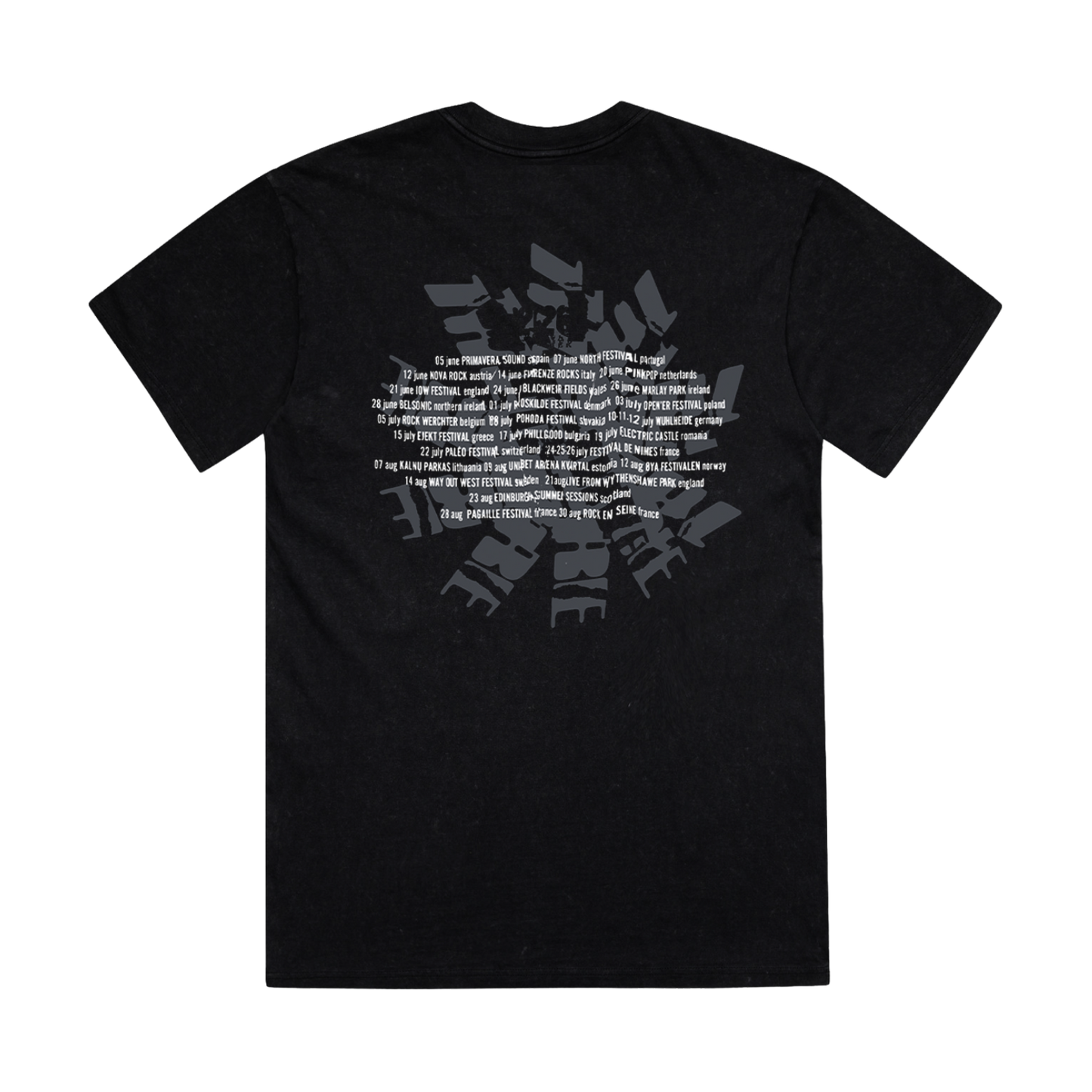 Black unisex t-shirt with The Cure's Summer 2026 tour dates on the back printed in grey and white