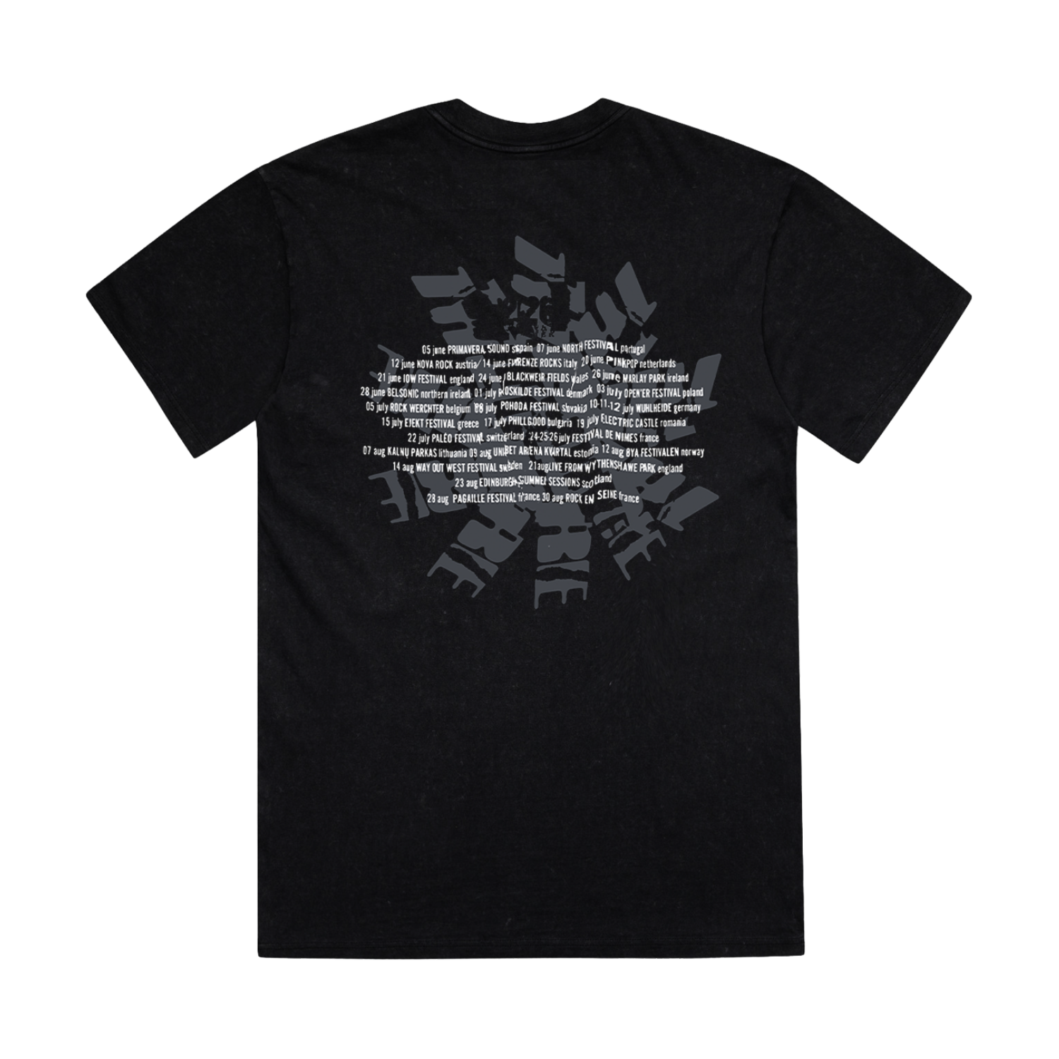 Black unisex t-shirt with The Cure's Summer 2026 tour dates on the back printed in grey and white