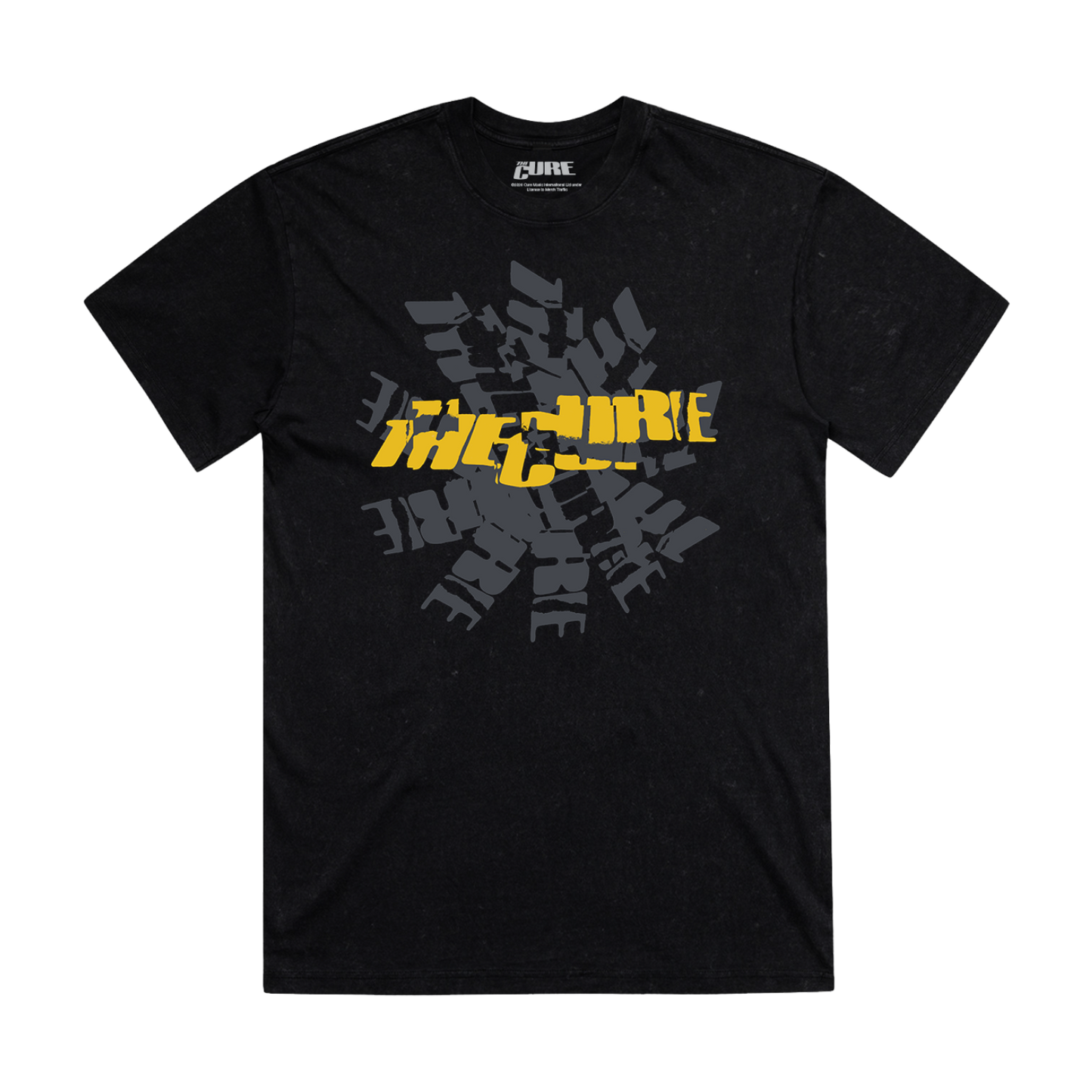 Black unisex t-shirt with a cracked The Cure logo design in yellow on the front 