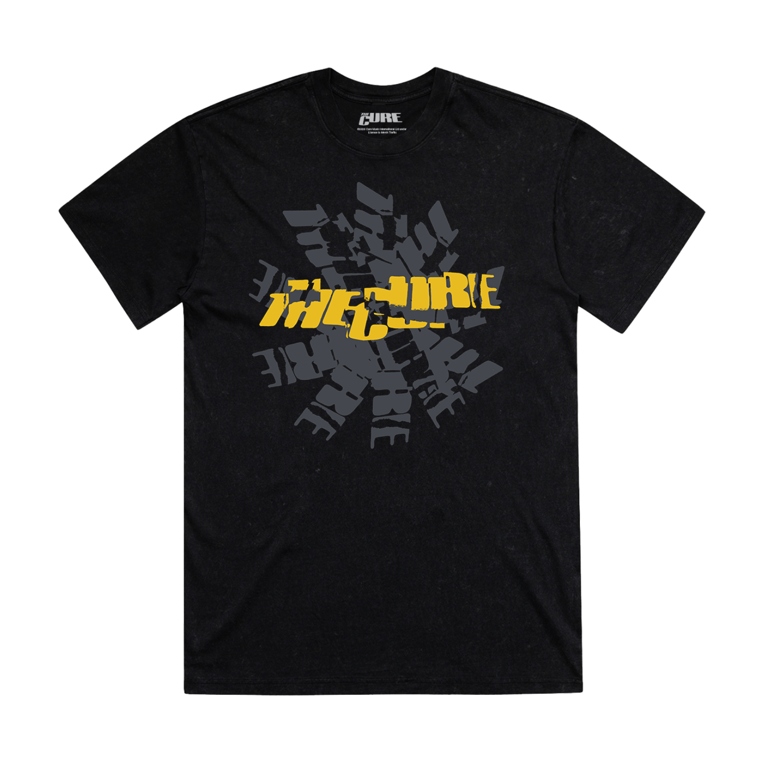 Black unisex t-shirt with a cracked The Cure logo design in yellow on the front 