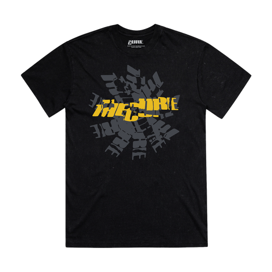 Black unisex t-shirt with a cracked The Cure logo design in yellow on the front 