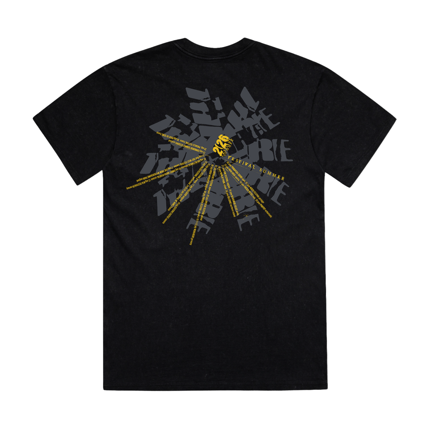 Black unisex t-shirt with The Cure's Summer 2026 tour dates on the back printed in yellow and grey