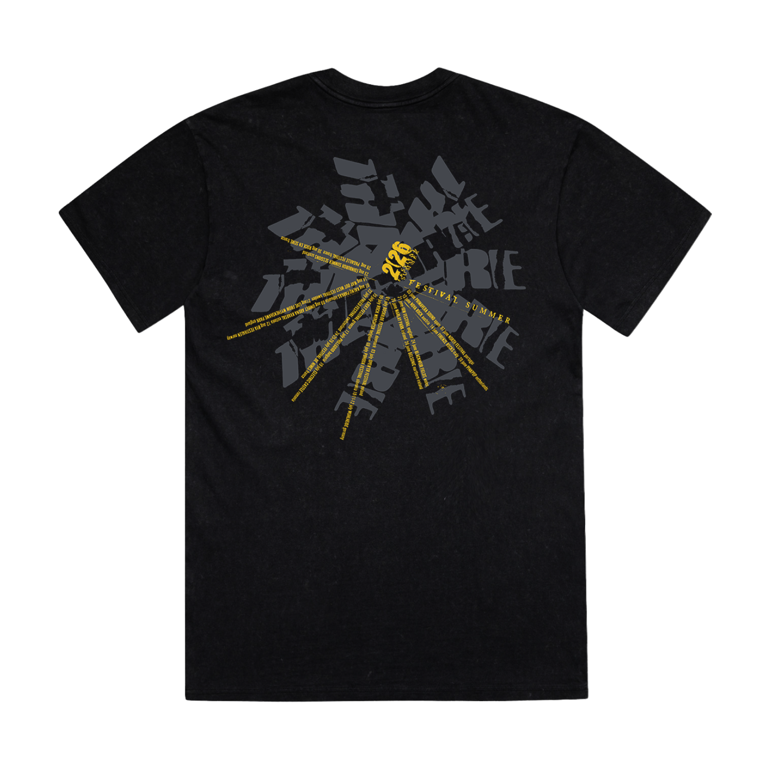 Black unisex t-shirt with The Cure's Summer 2026 tour dates on the back printed in yellow and grey