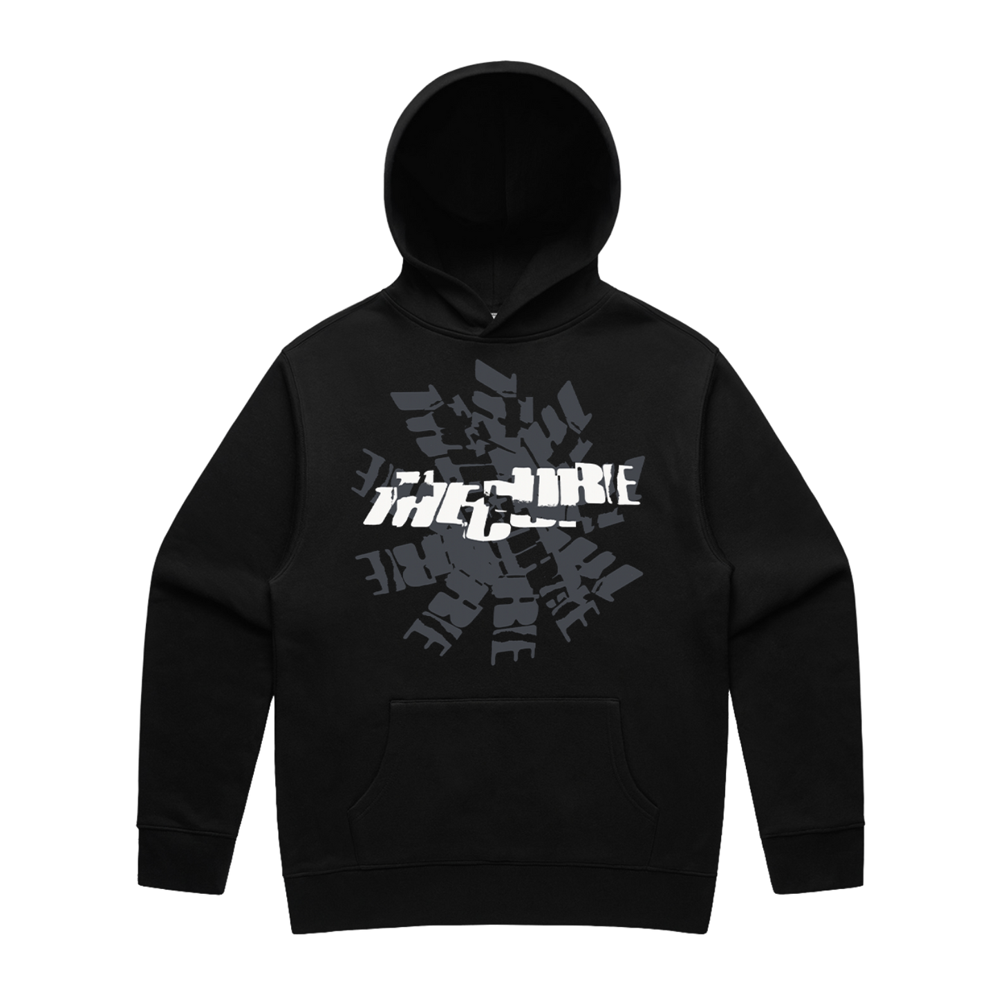 Black unisex pullover hoodie with a cracked The Cure logo design in white on the front and Summer 2026 tour dates on the back