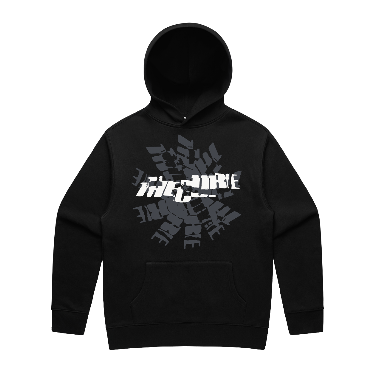 Black unisex pullover hoodie with a cracked The Cure logo design in white on the front and Summer 2026 tour dates on the back