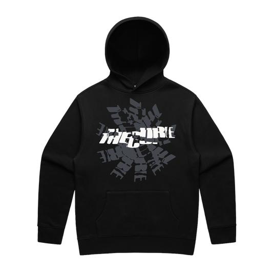 Black unisex pullover hoodie with a cracked The Cure logo design in white on the front and Summer 2026 tour dates on the back