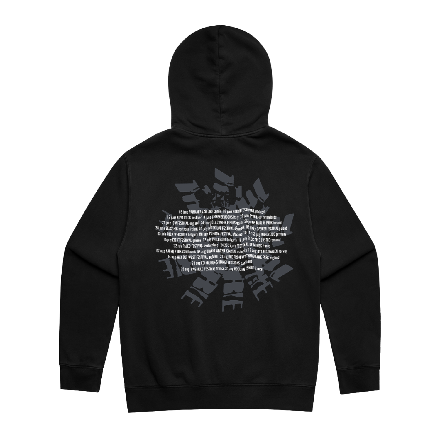 Black unisex pullover hoodie with The Cure's Summer 2026 tour dates on the back in white and grey print