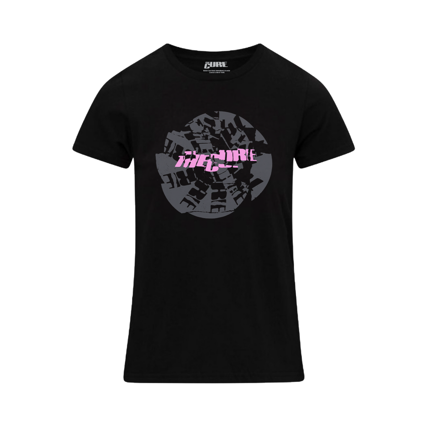 Black women's t-shirt featuring a cracked "The Cure" logo design in pink on the front 