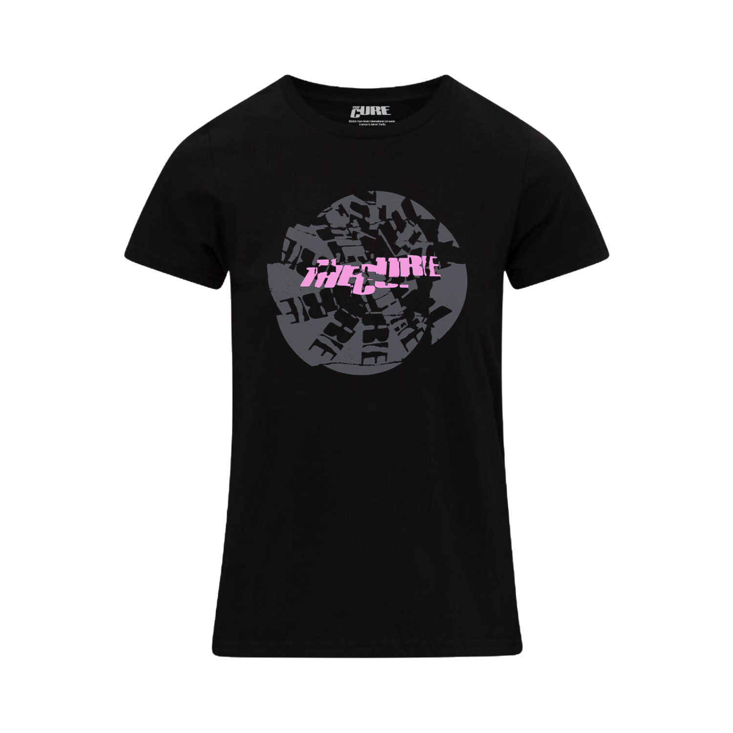 Black women's t-shirt featuring a cracked "The Cure" logo design in pink on the front 