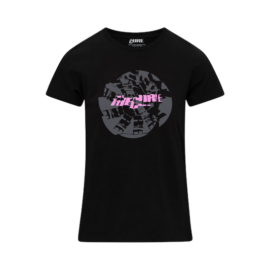 Black women's t-shirt featuring a cracked "The Cure" logo design in pink on the front 