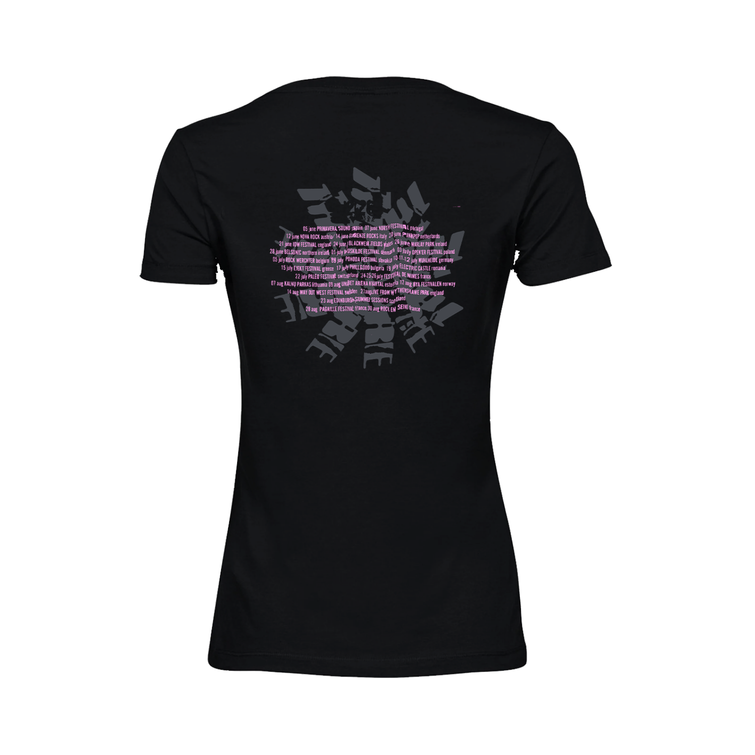 Black women's t-shirt with The Cure's Summer 2026 tour dates on the back in pink and grey print