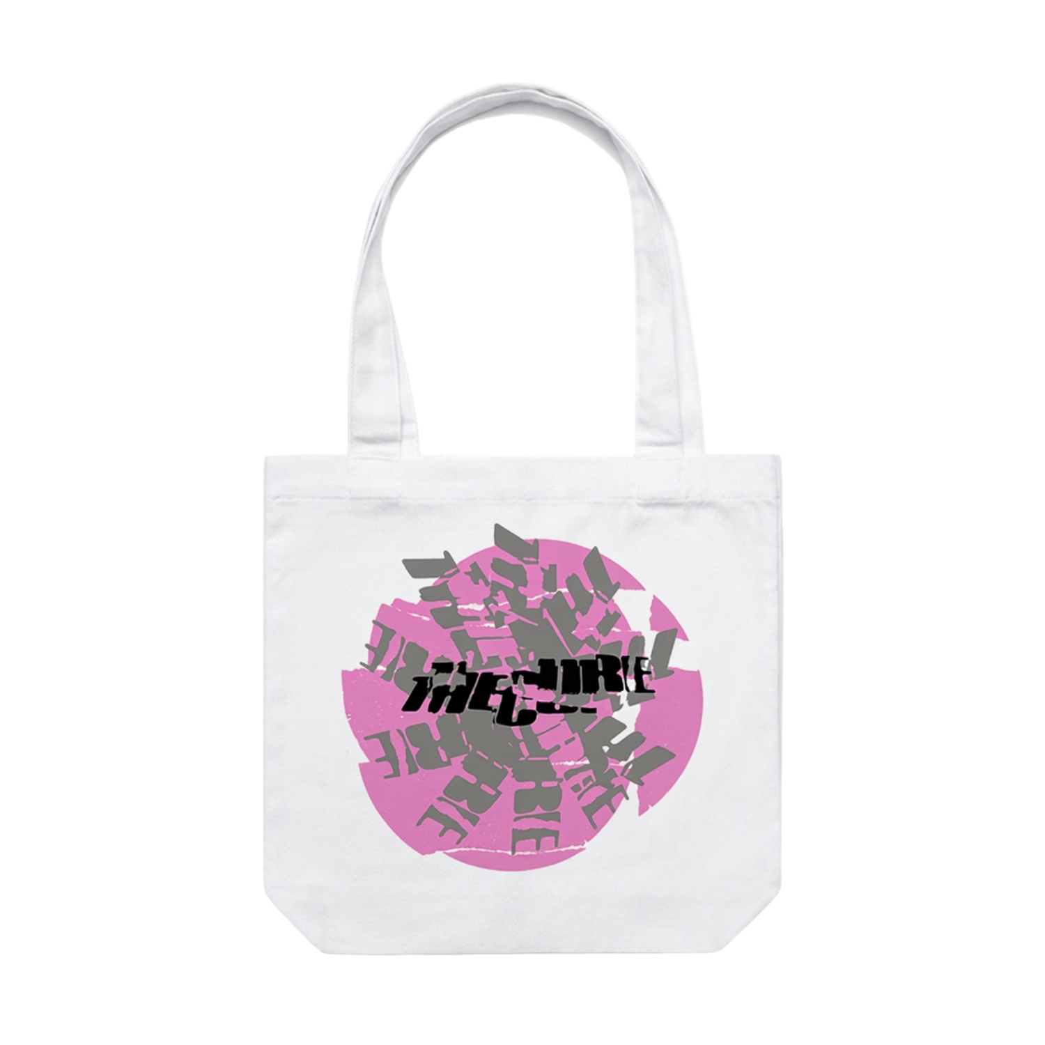 White tote bag featuring a pink, grey and black The Cure logo design on the front