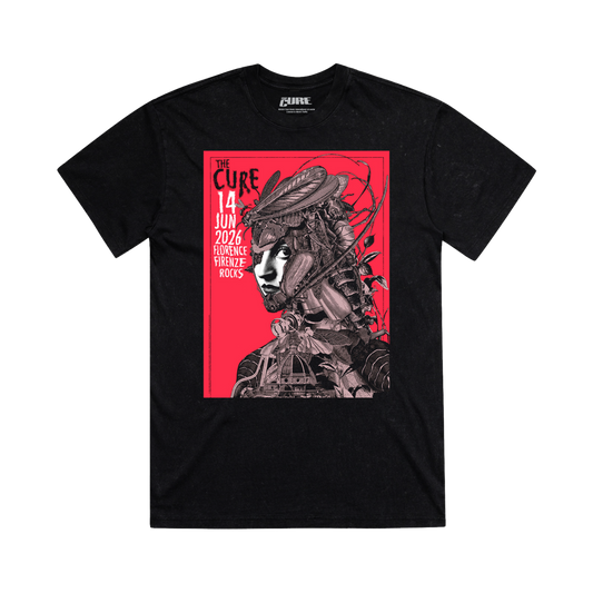 Black unisex t-shirt with an intricate black and white illustration of a woman on a red background with event details for The Cure’s show at Firenze Rocks in Florence, Italy on June 14, 2026.