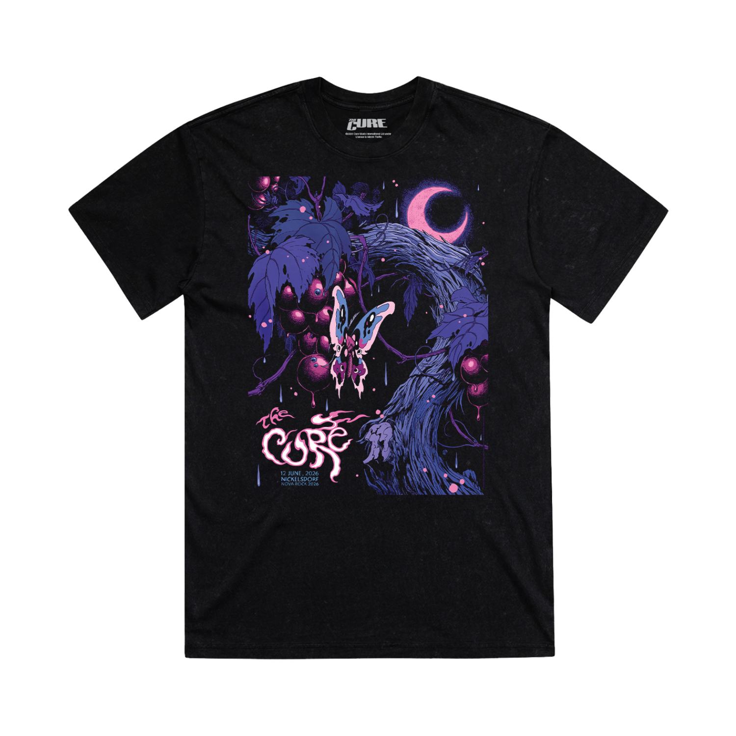 Black unisex t-shirt with a stylized butterfly and cosmic elements design with event details for the The Cure’s performance at Nova Rock 2026.