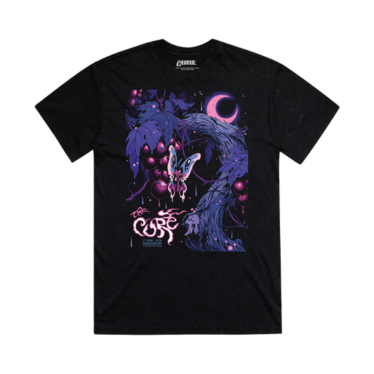 Black unisex t-shirt with a stylized butterfly and cosmic elements design with event details for the The Cure’s performance at Nova Rock 2026.