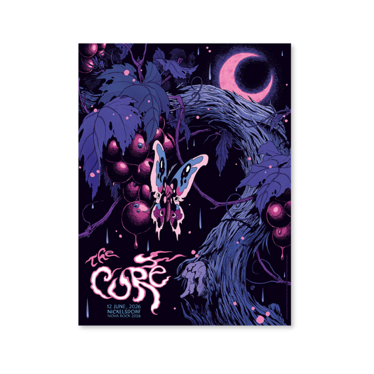 The Cure event poster with a stylized butterfly and cosmic elements on a dark background with event details for the band's performance at Nova Rock 2026.