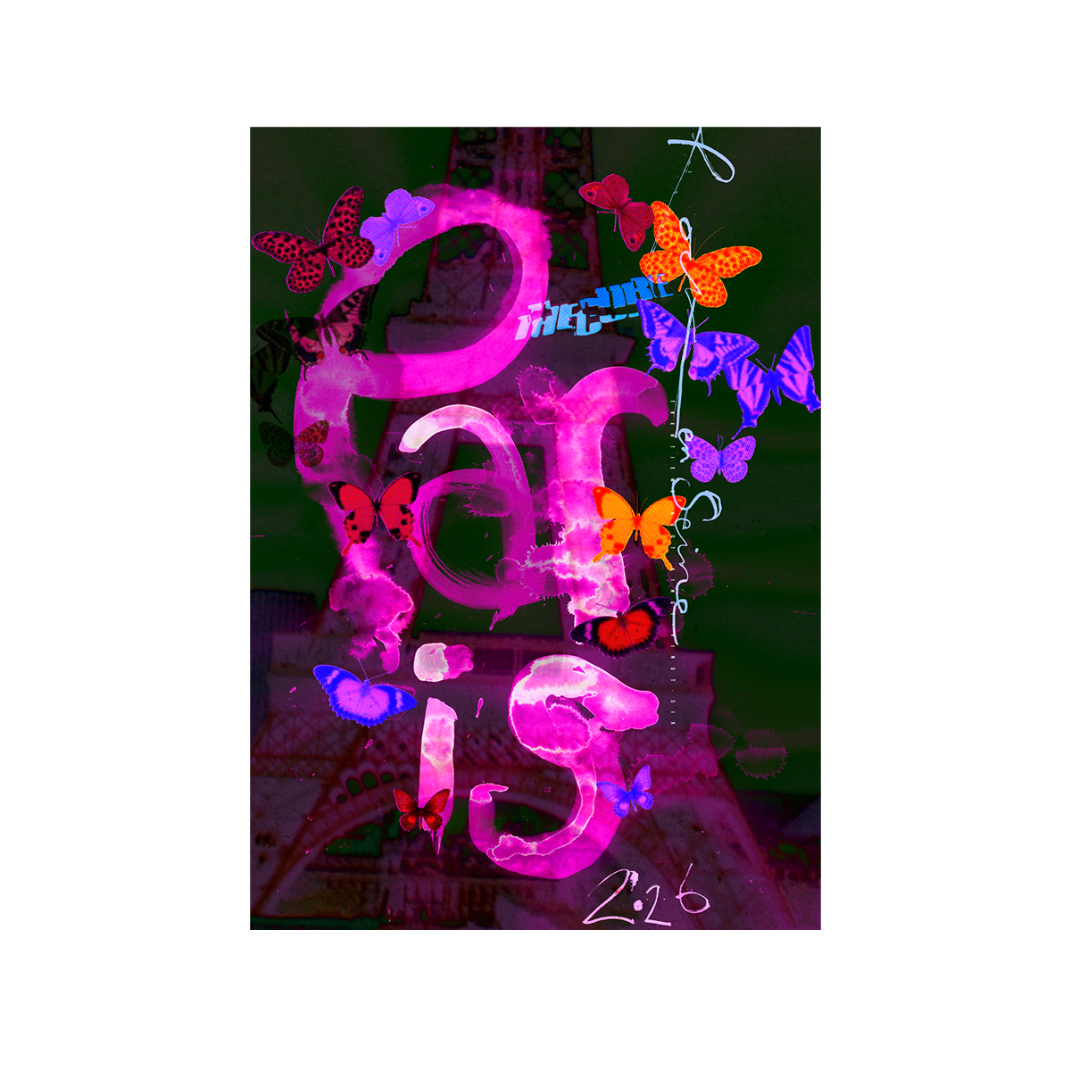 A vertical graphic art print featuring the word 'Paris' in large, vibrant pink graffiti-style lettering, decorated with colorful neon butterflies in purple, orange, red, and blue. The background shows a dark, faded silhouette of the Eiffel Tower, and the print is centered on a plain white background.