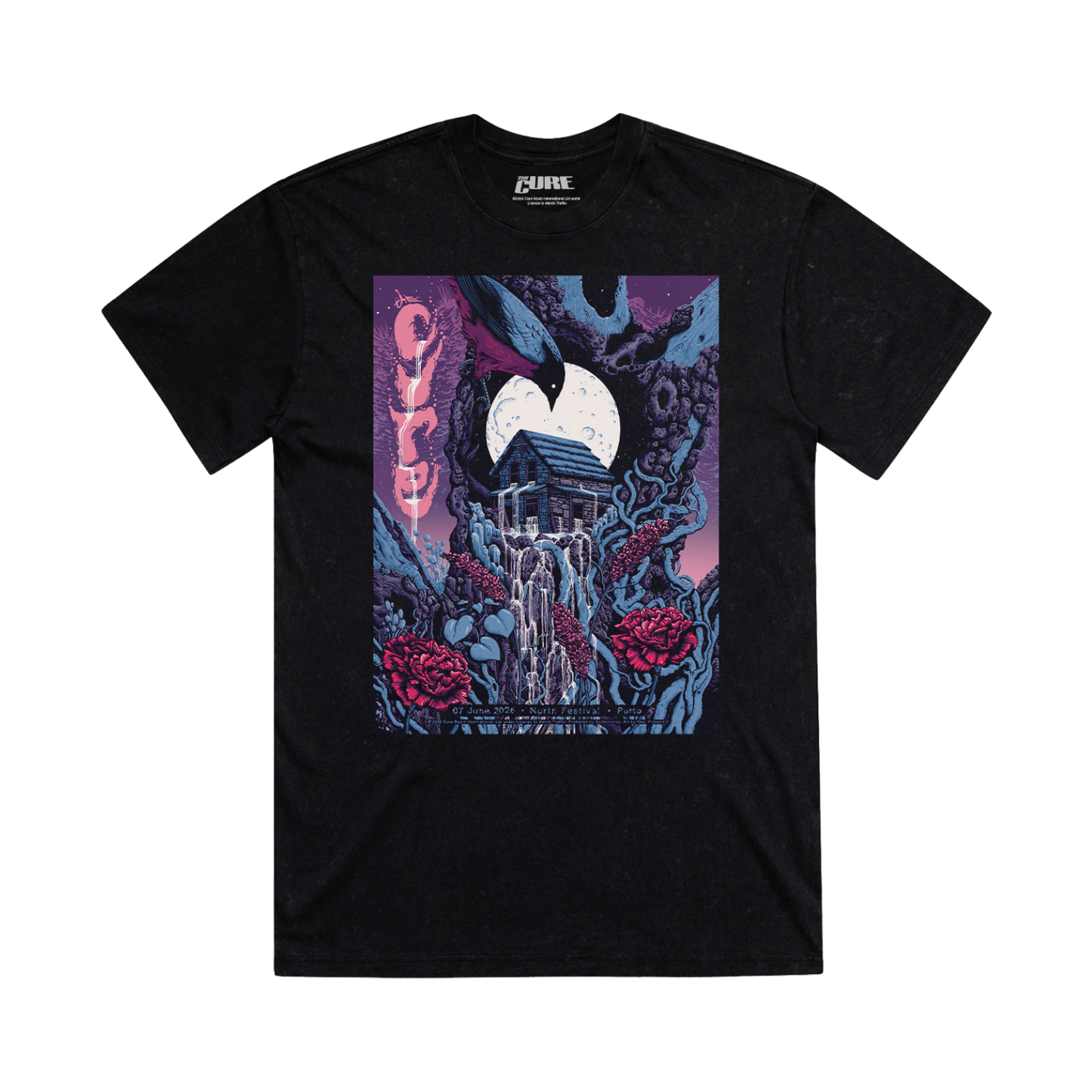 Black unisex t-shirt with a purple and blue colorful design showing a house with a water stream appearing out the windows and event details for The Cure's show in Porto, Portugal on June 7, 2026.