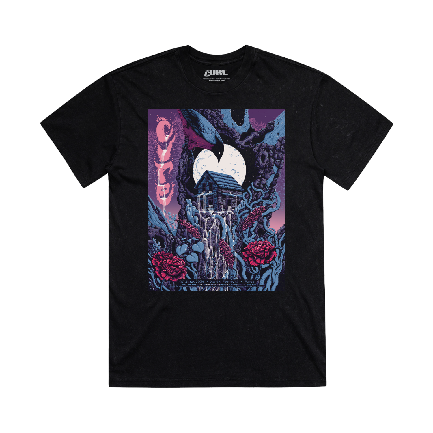 Black unisex t-shirt with a purple and blue colorful design showing a house with a water stream appearing out the windows and event details for The Cure's show in Porto, Portugal on June 7, 2026.