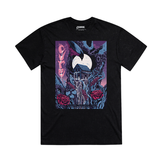 Black unisex t-shirt with a purple and blue colorful design showing a house with a water stream appearing out the windows and event details for The Cure's show in Porto, Portugal on June 7, 2026.