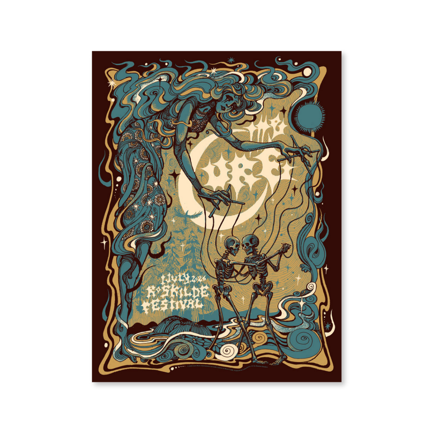 The Cure event poster with skeletons, a moon, and intricate designs on a brown background with event details for the band’s performance at Roskilde Festival on July 1, 2026.