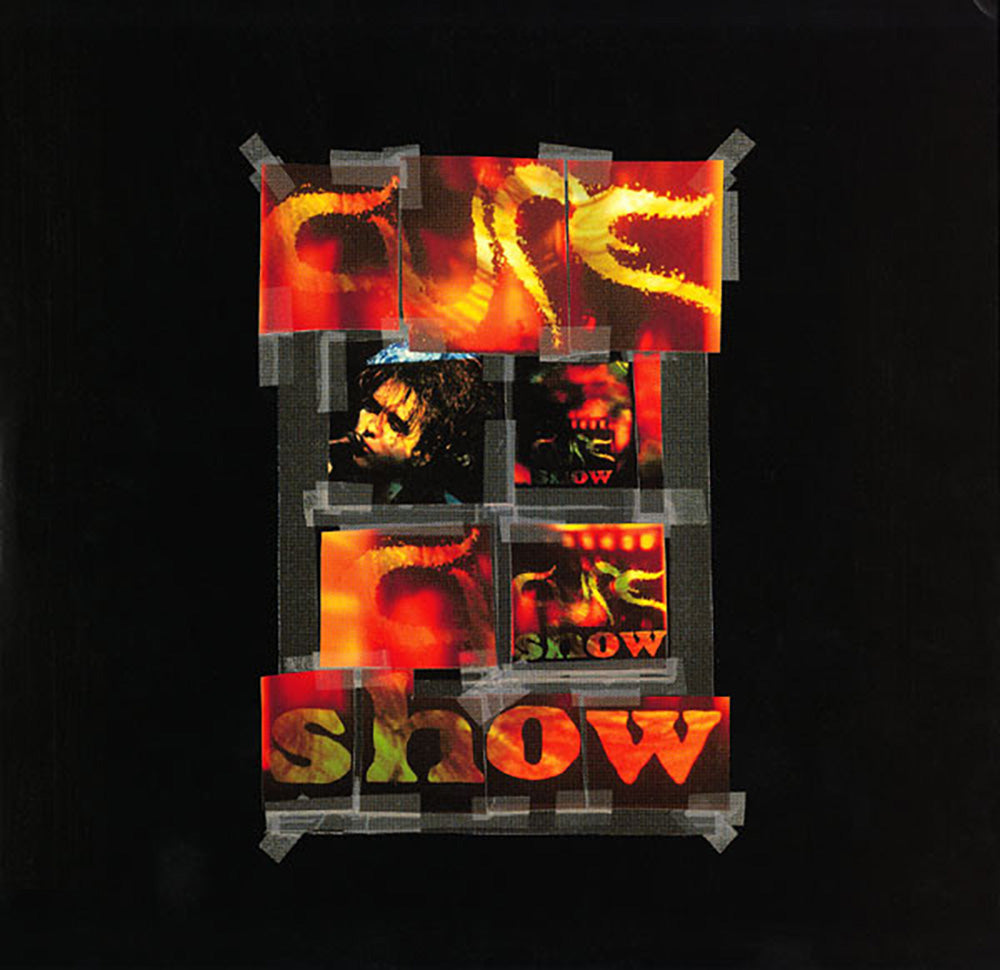 Album cover with fiery text and images on a black background