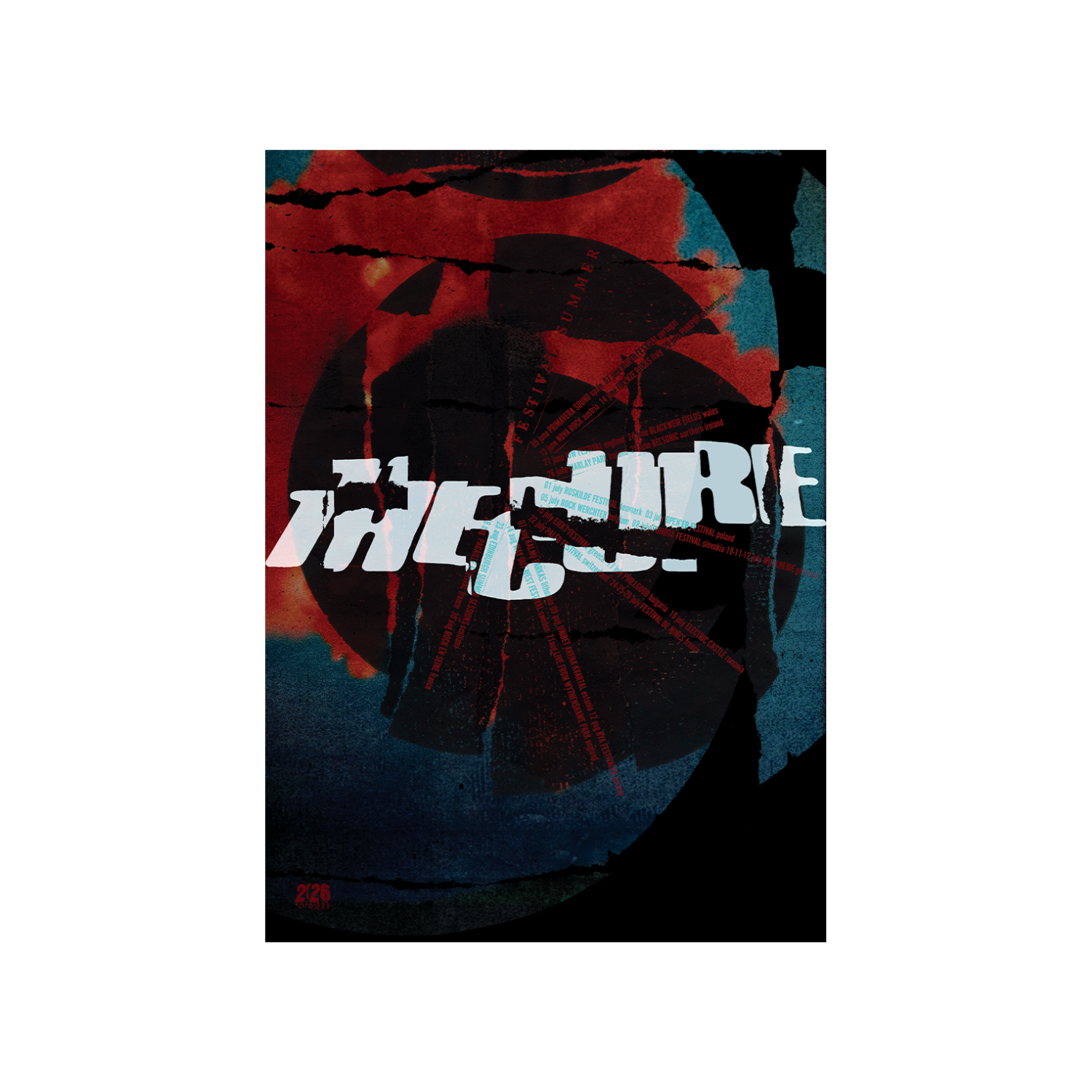 Festival Summer 2026 Tour Poster featuring a cracked "The Cure" logo in white over a blue and red background design, and tour dates printed in a half circle.