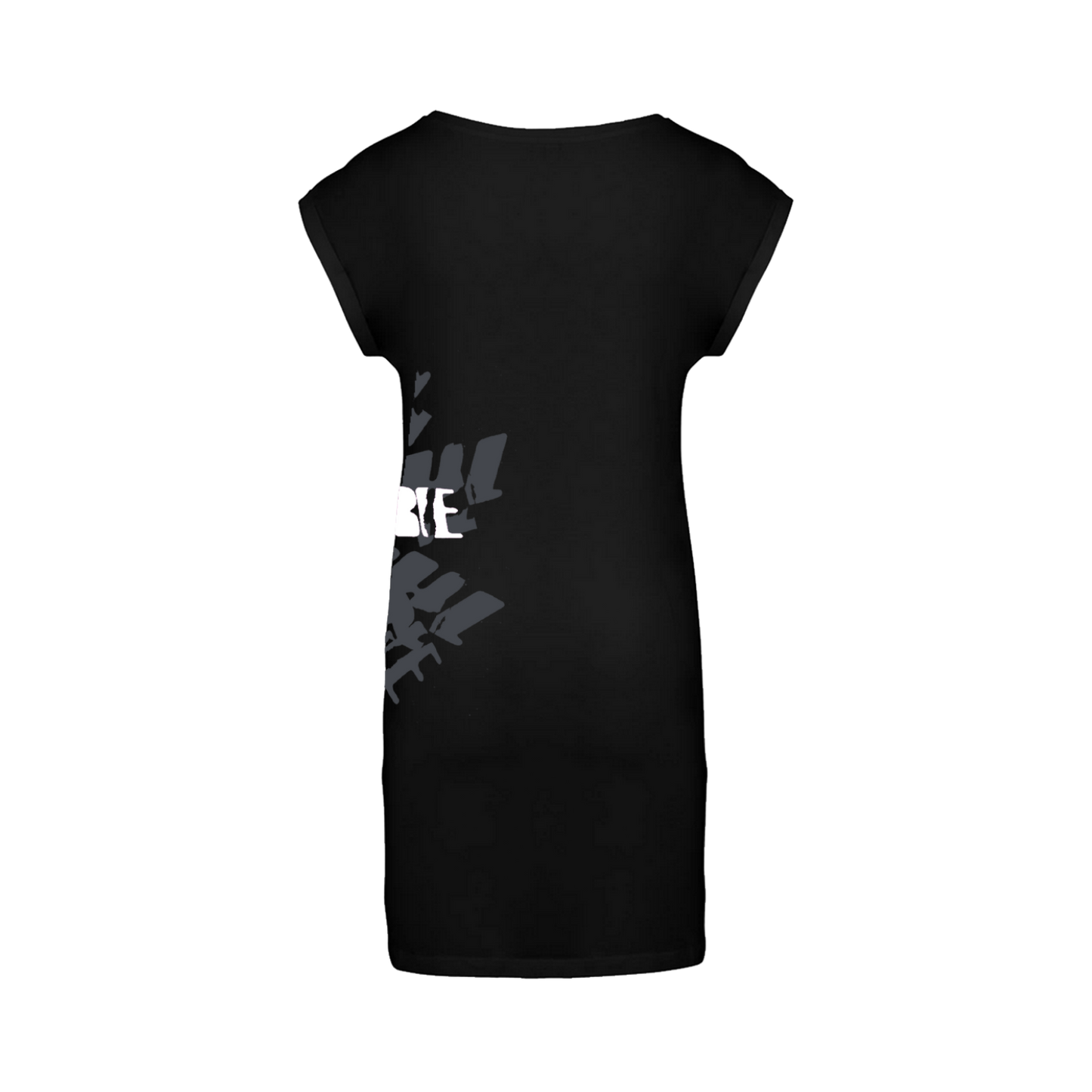 Women's t-shirt dress in black featuring a cracked "The Cure" logo in white over a grey stamped logo design, wrapped around the left side