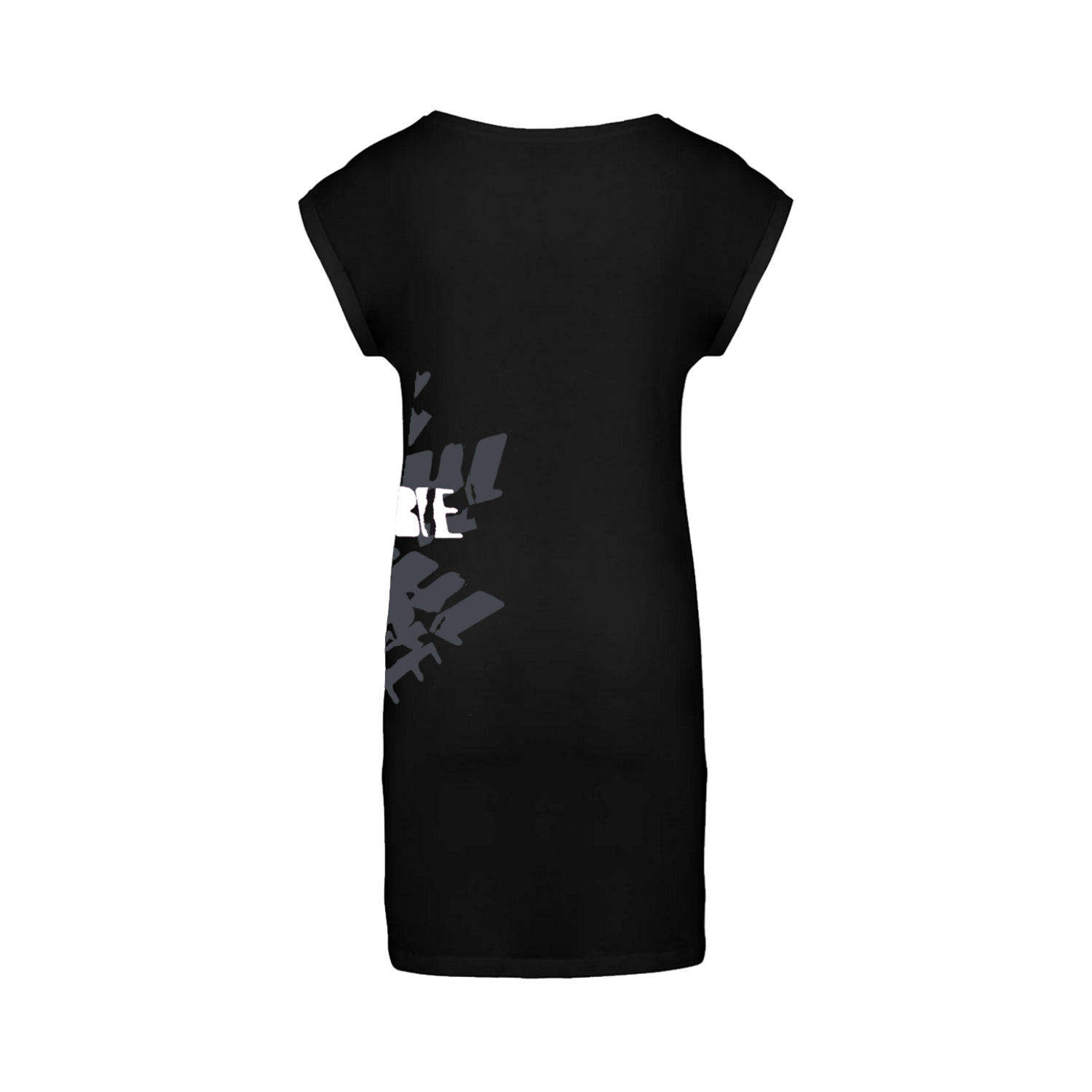 Women's t-shirt dress in black featuring a cracked "The Cure" logo in white over a grey stamped logo design, wrapped around the left side