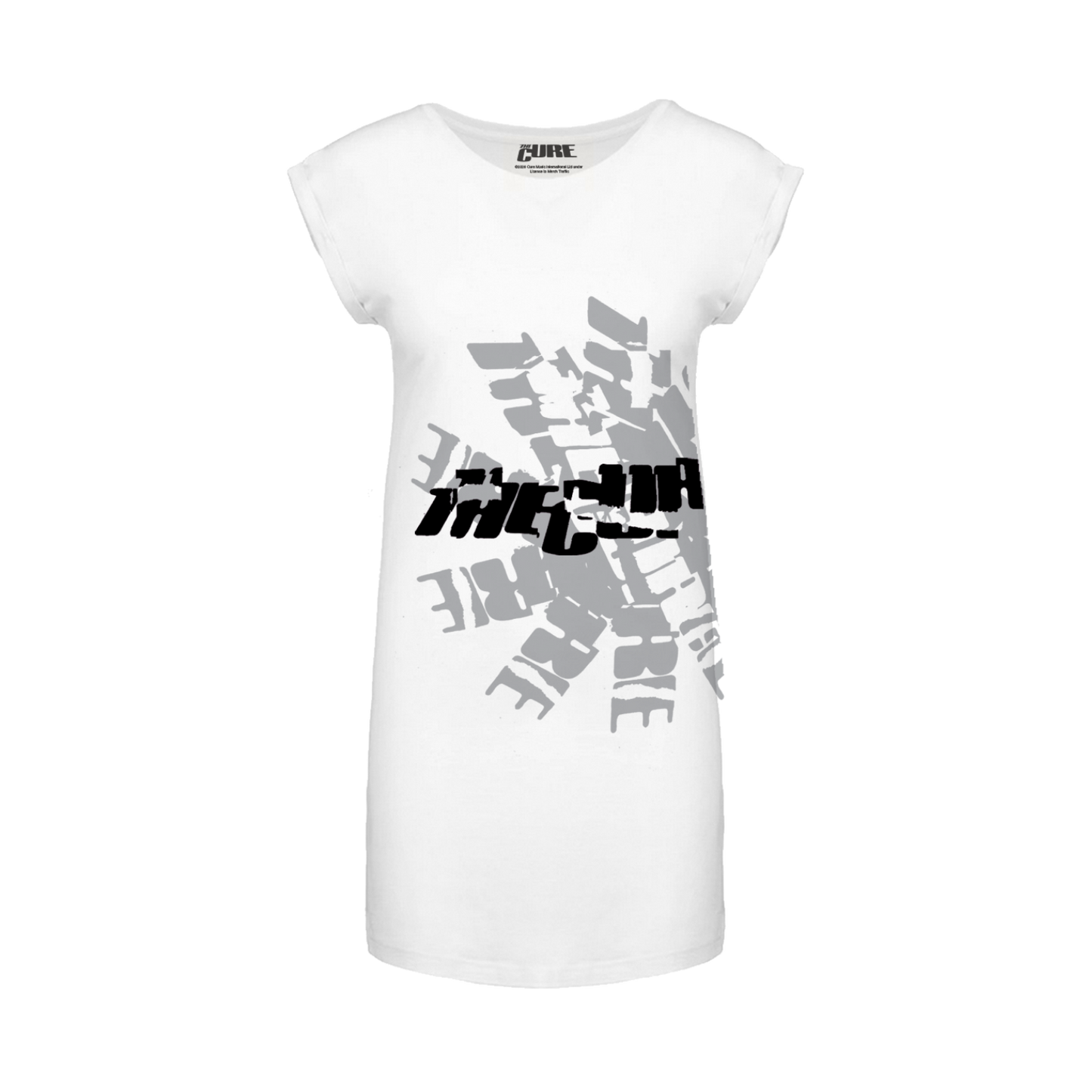 Women's t-shirt dress in white featuring a cracked "The Cure" logo in black over a grey stamped logo design, wrapping around the left side.