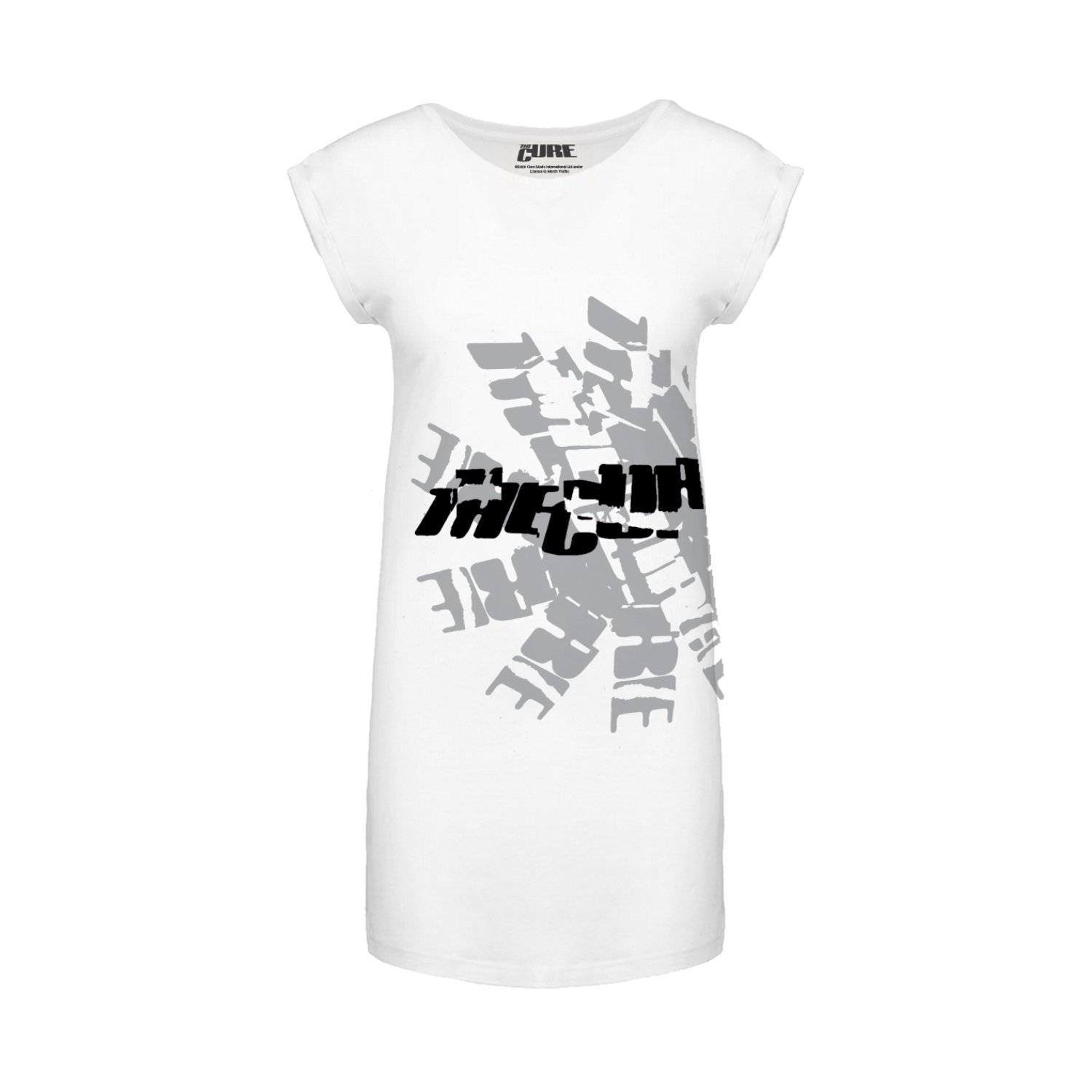Women's t-shirt dress in white featuring a cracked "The Cure" logo in black over a grey stamped logo design, wrapping around the left side.